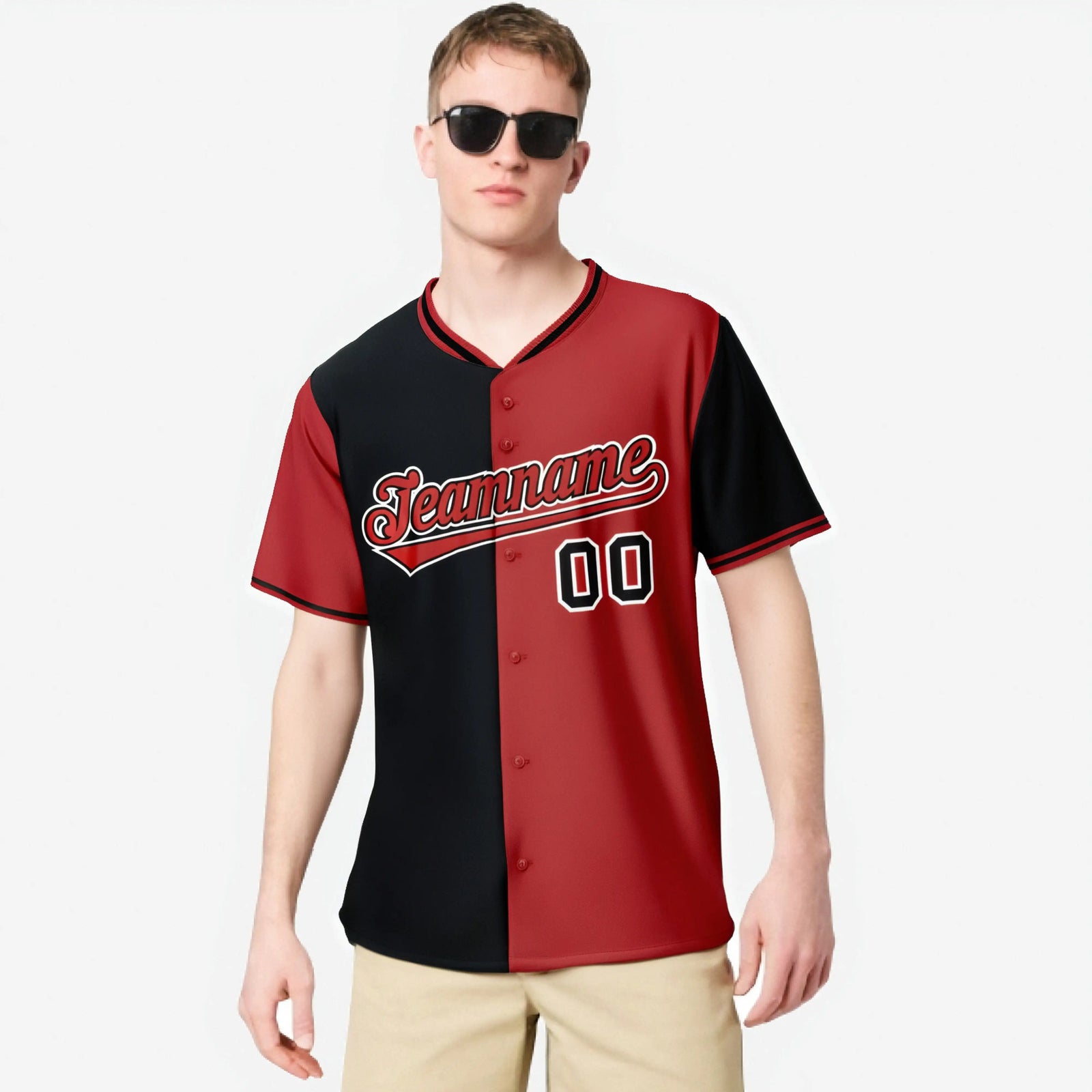 Custom Black Red Authentic Split Fashion Baseball Jersey