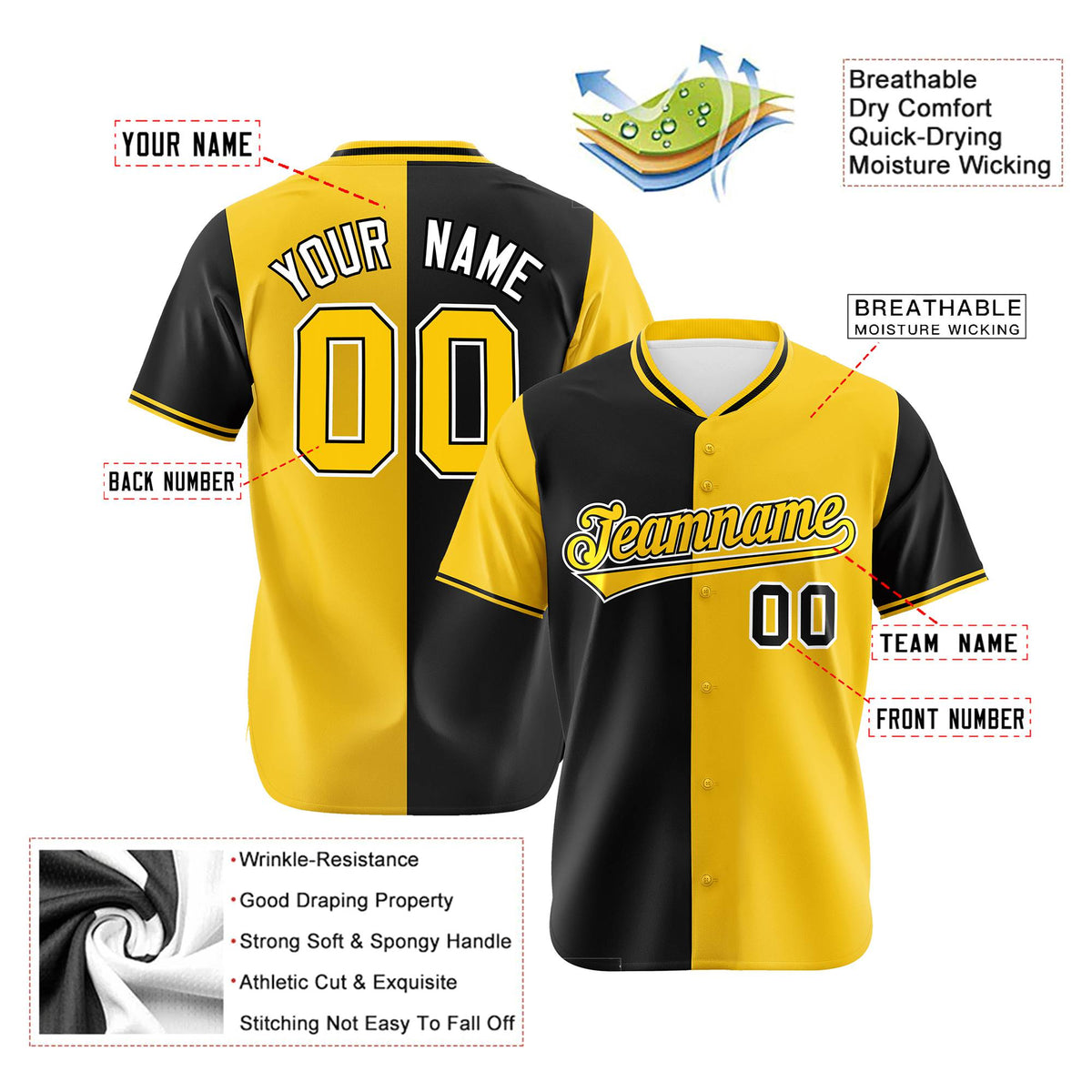 Custom Black Yellow Authentic Split Fashion Baseball Jersey