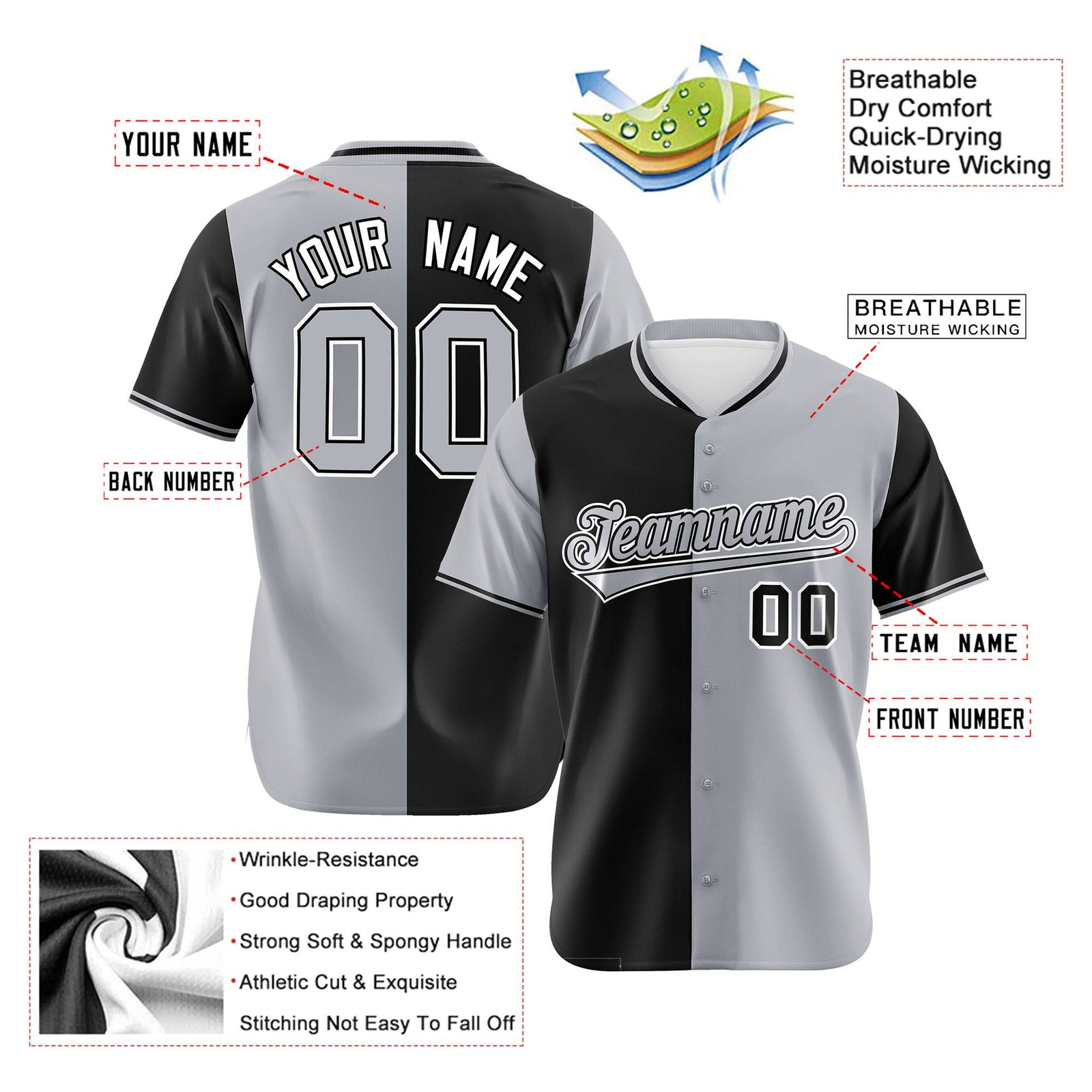 Custom Black Gray Authentic Split Fashion Baseball Jersey