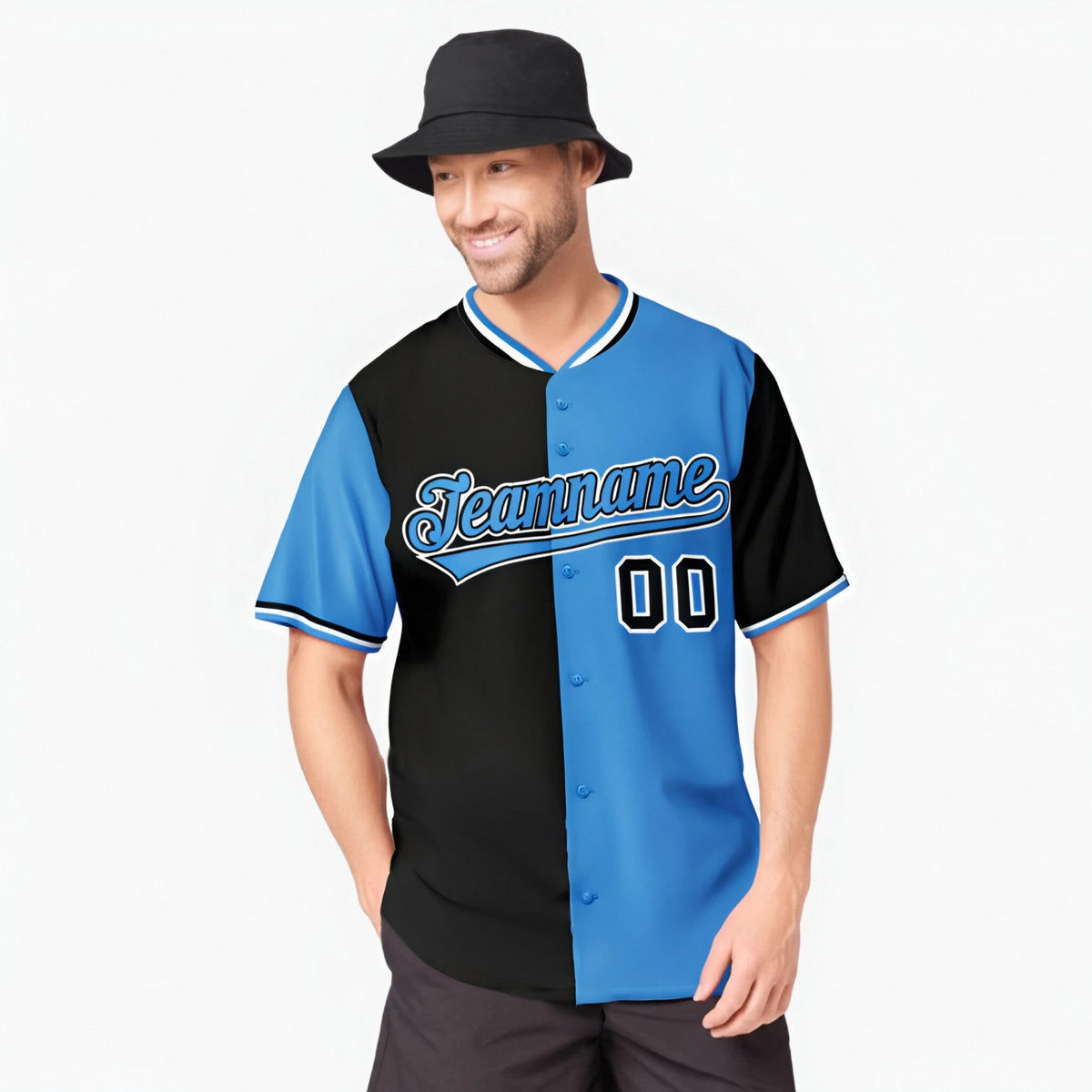 Custom Black Powder Blue Authentic Split Fashion Baseball Jersey