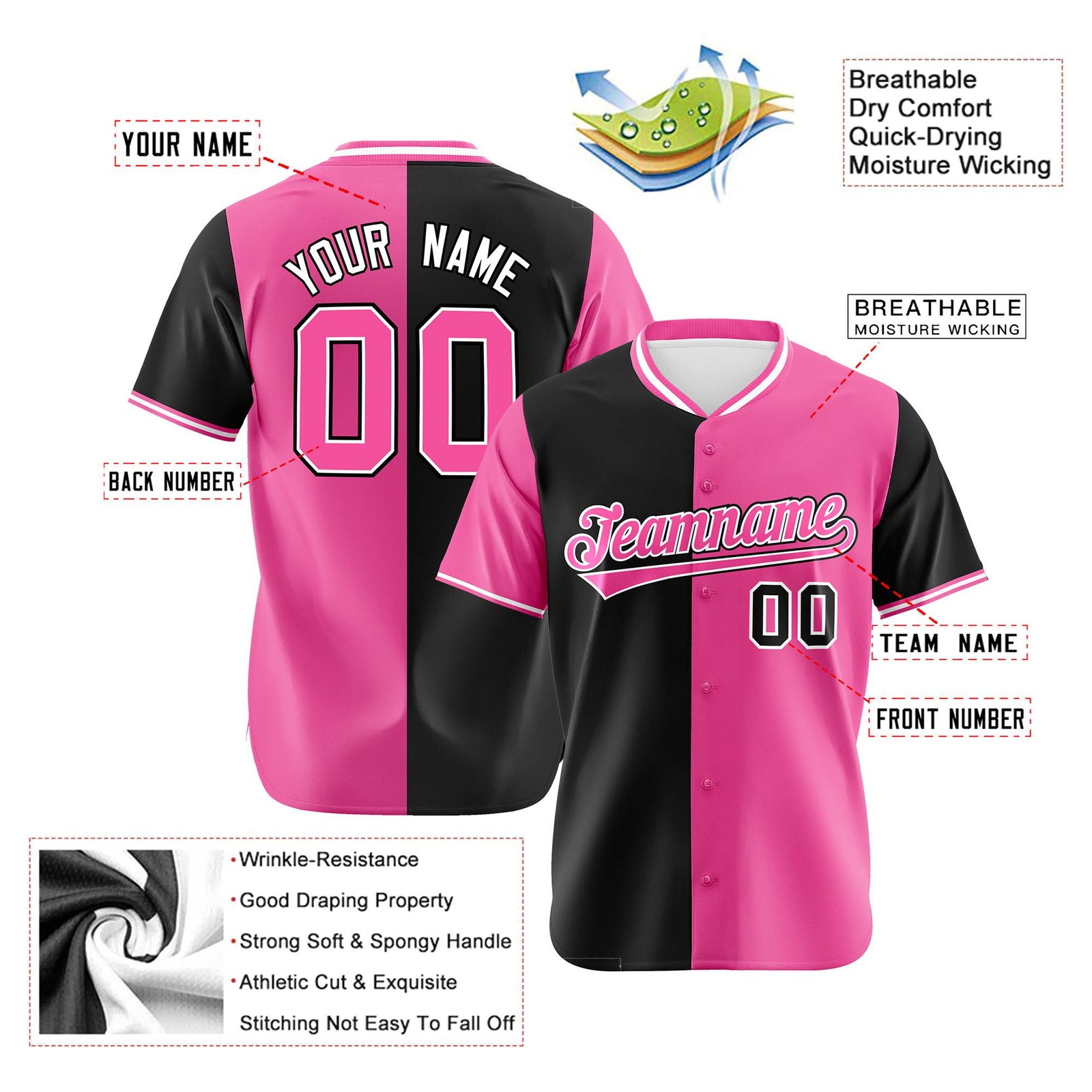 Custom Black Pink Authentic Split Fashion Baseball Jersey