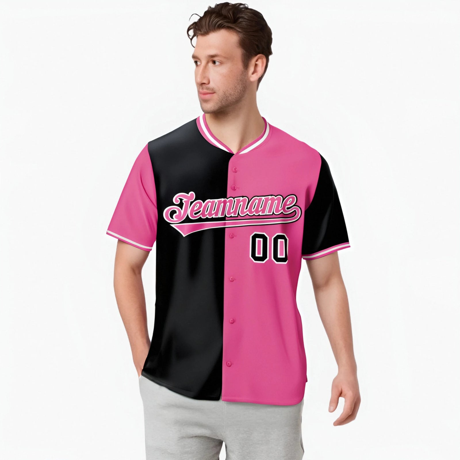 Custom Black Pink Authentic Split Fashion Baseball Jersey