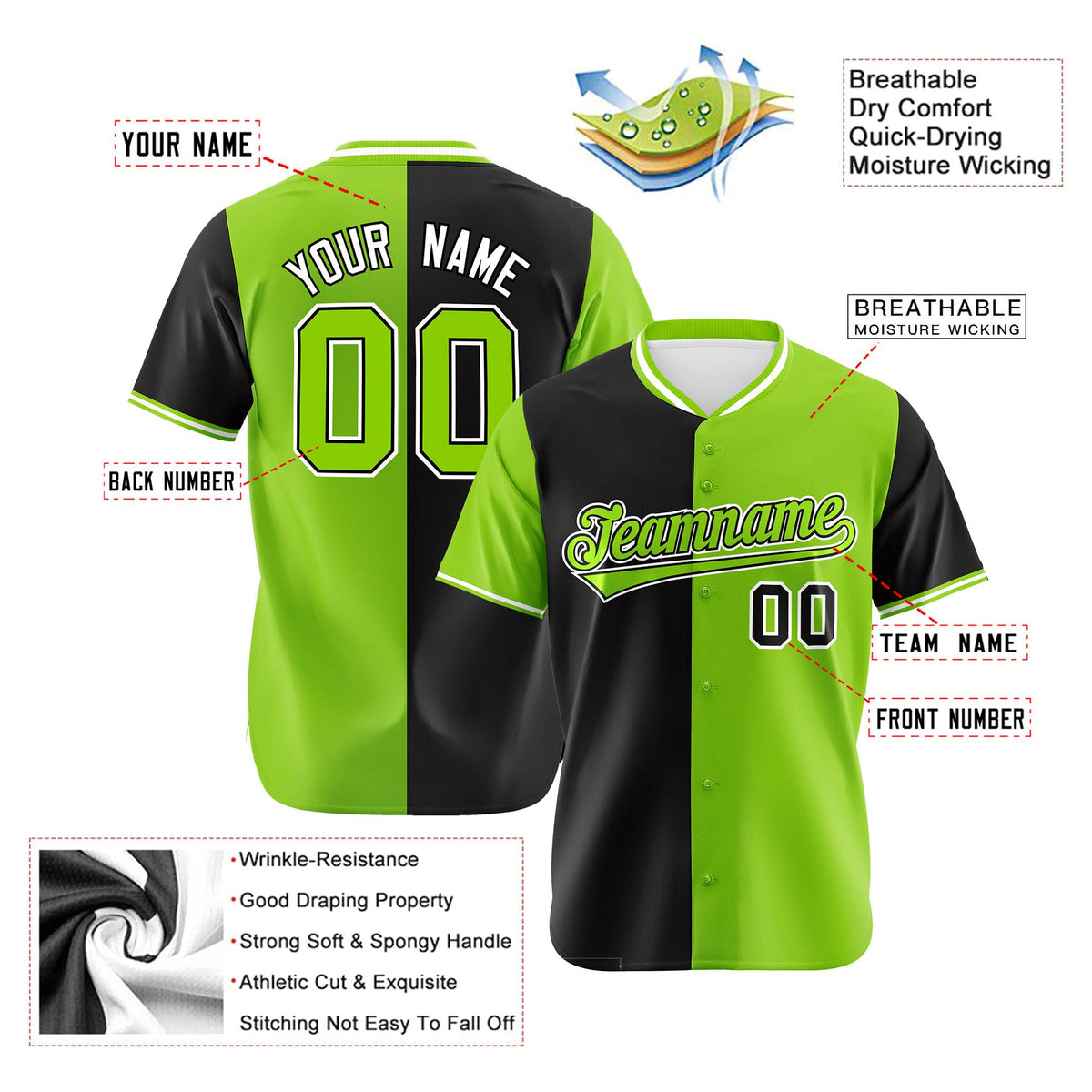 Custom Black Neon Green Authentic Split Fashion Baseball Jersey