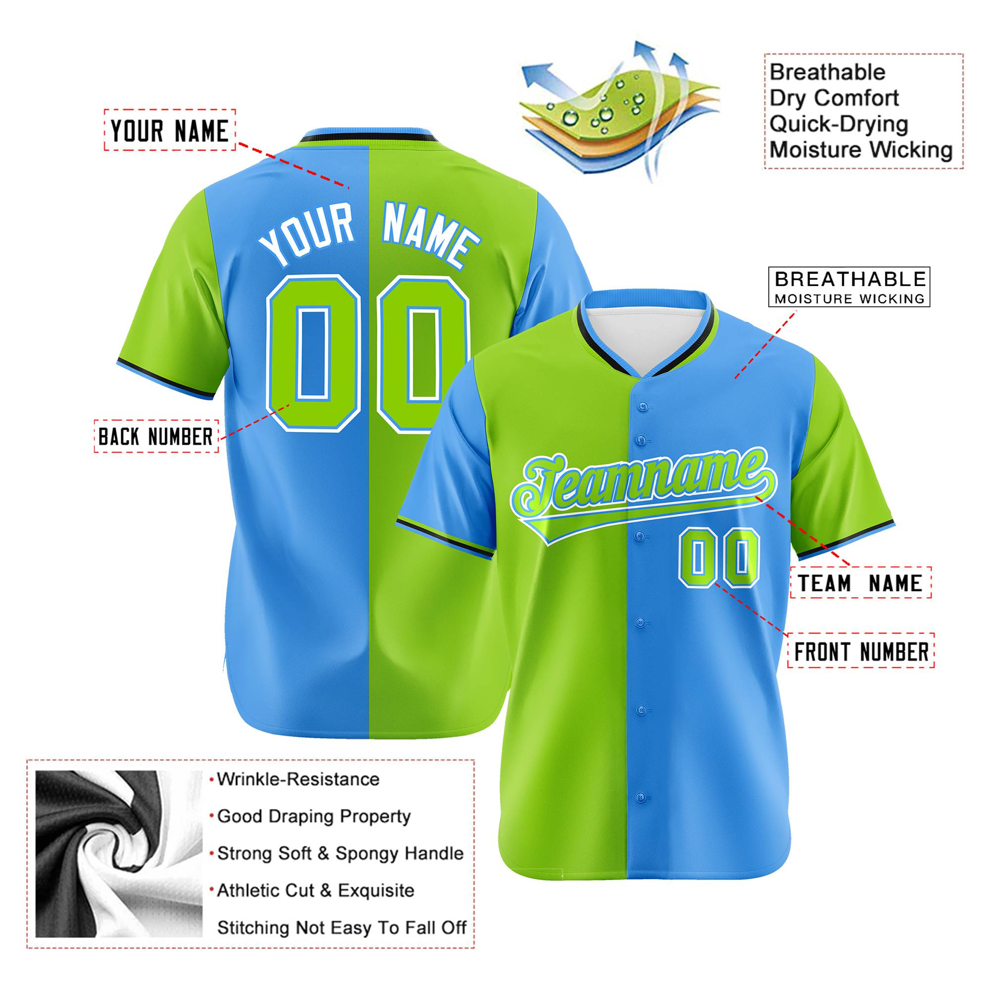 Custom Neon Green-Powder Blue Authentic Split Fashion Baseball Jersey