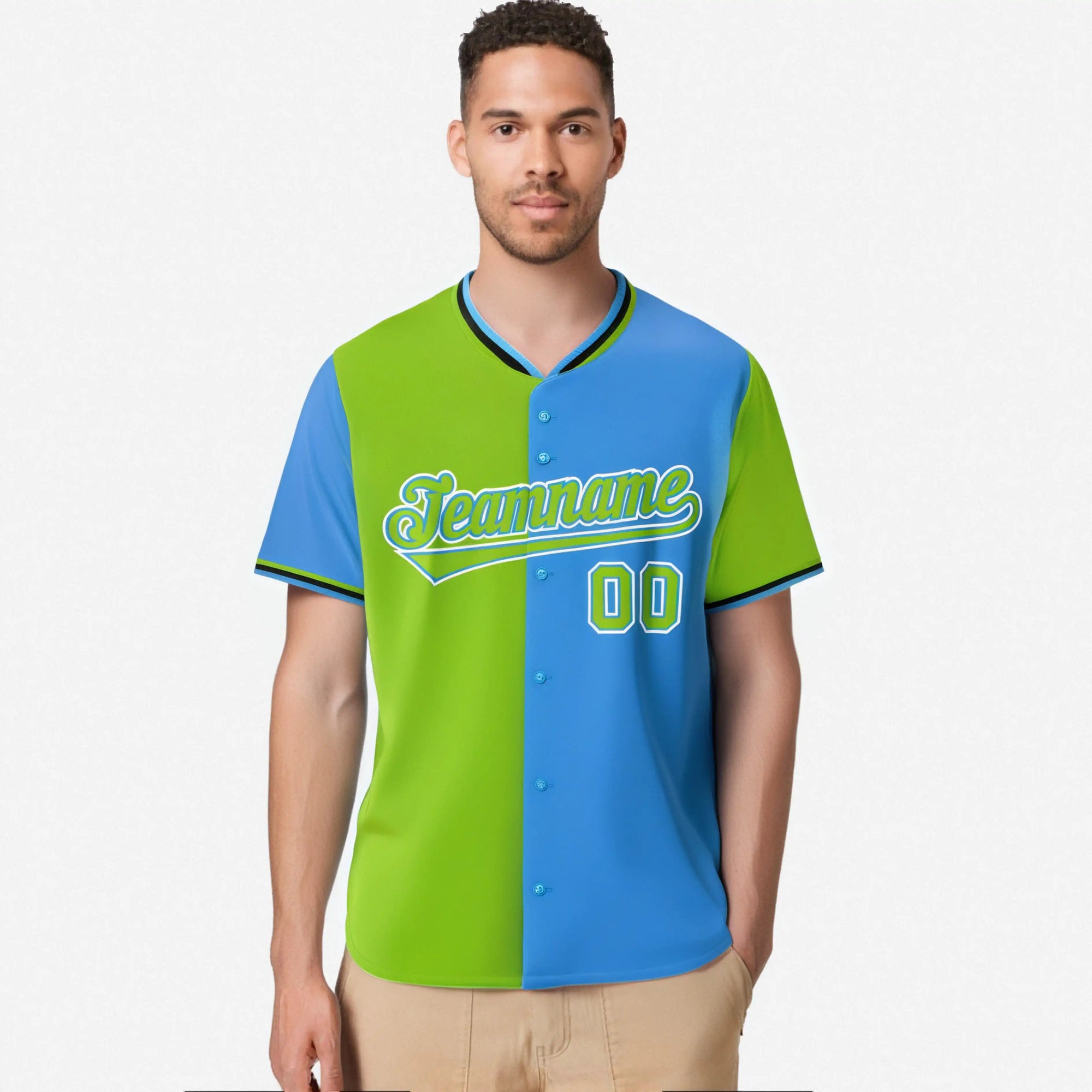 Custom Neon Green-Powder Blue Authentic Split Fashion Baseball Jersey