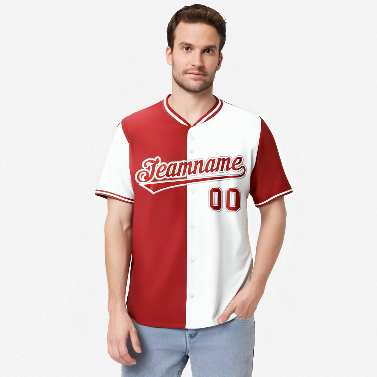 Custom Red White Authentic Split Fashion Baseball Jersey