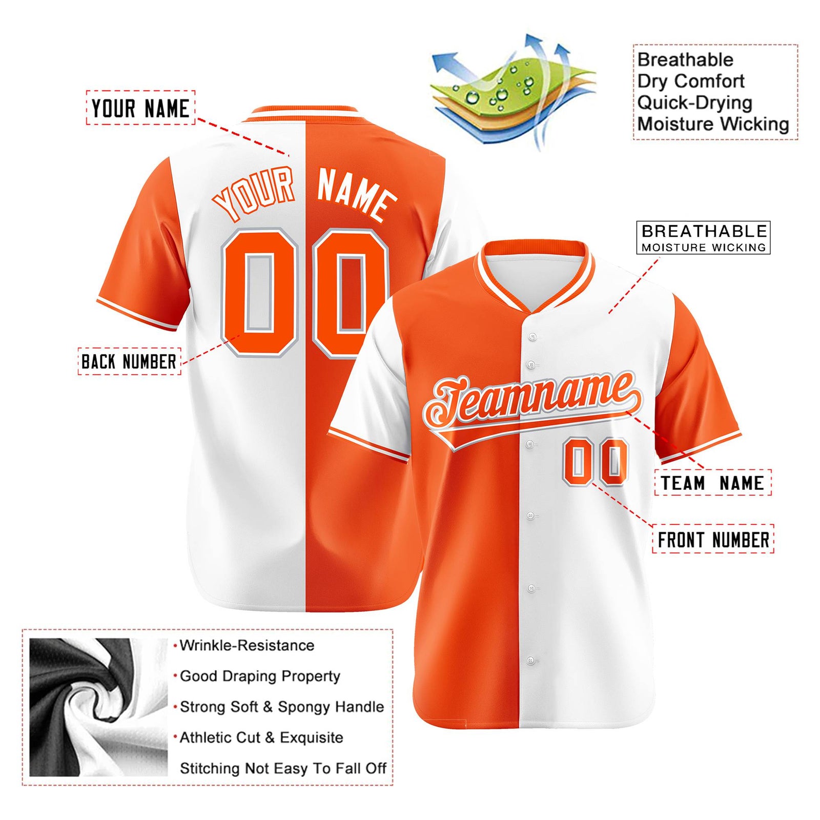 Custom Orange White Authentic Split Fashion Baseball Jersey