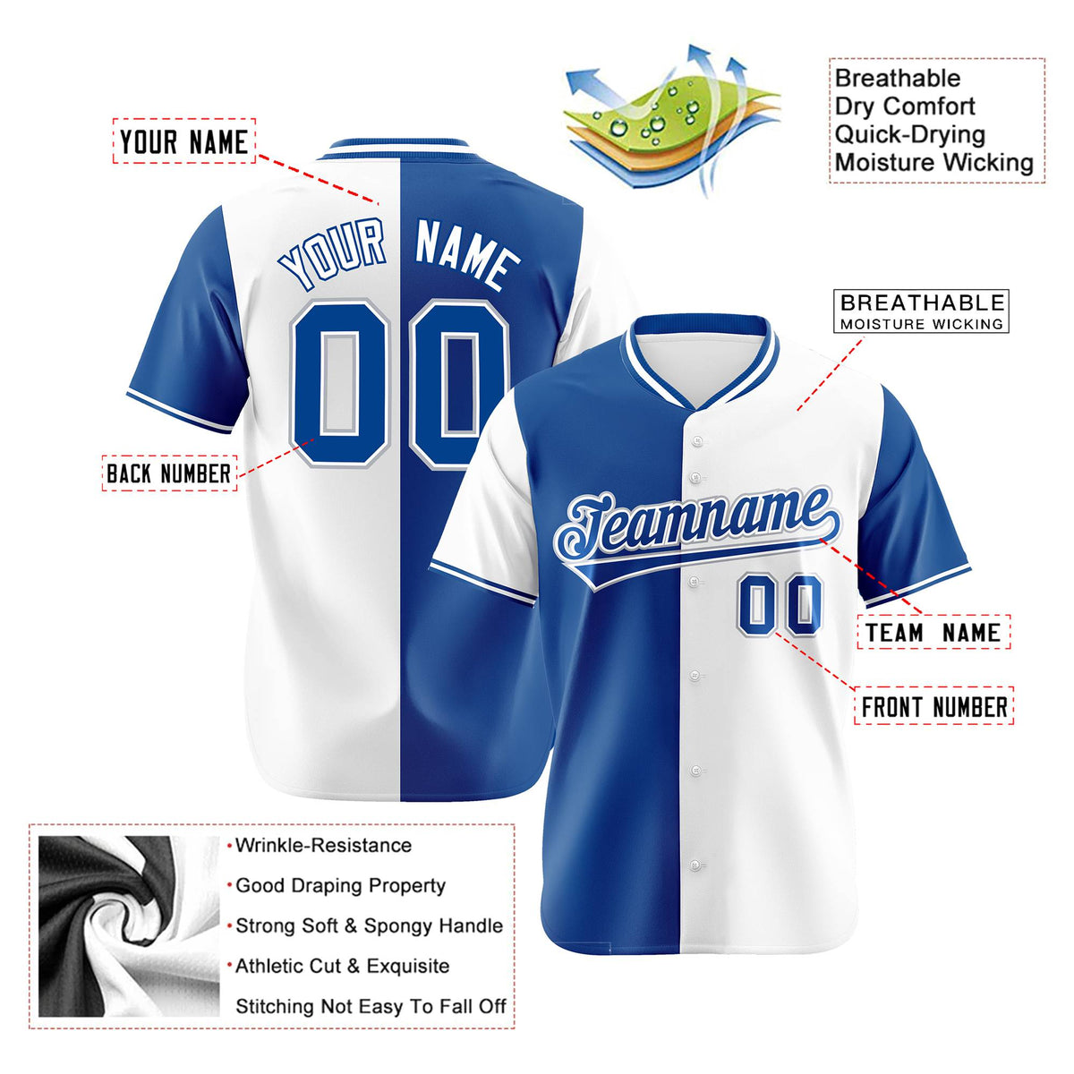 Custom Royal Blue White Authentic Split Fashion Baseball Jersey