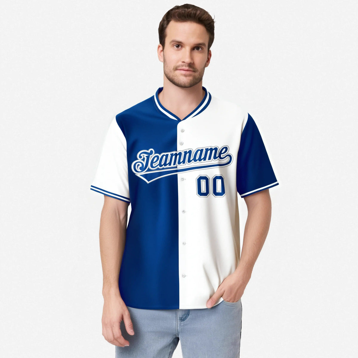 Custom Royal Blue White Authentic Split Fashion Baseball Jersey