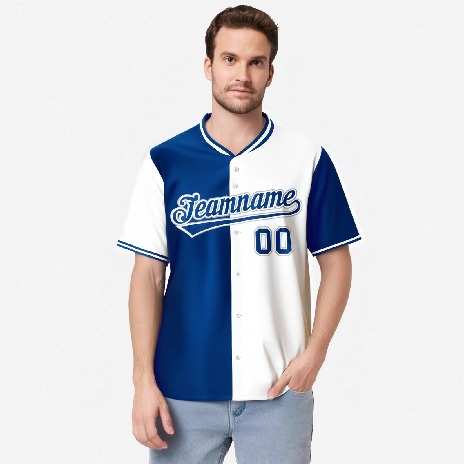 Custom Royal Blue White Authentic Split Fashion Baseball Jersey