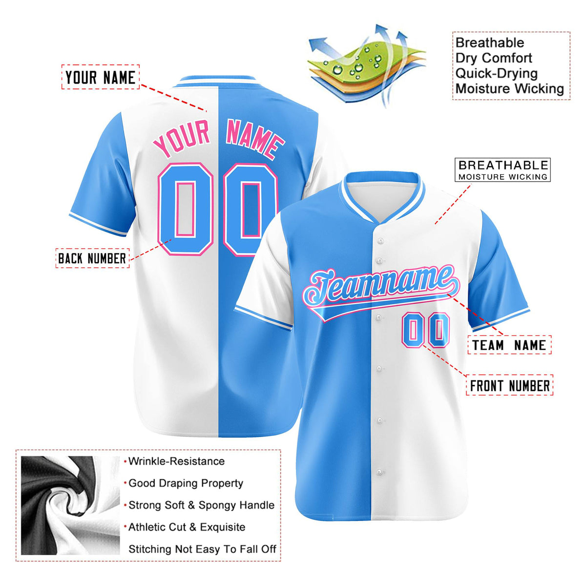 Custom Powder Blue White Authentic Split Fashion Baseball Jersey