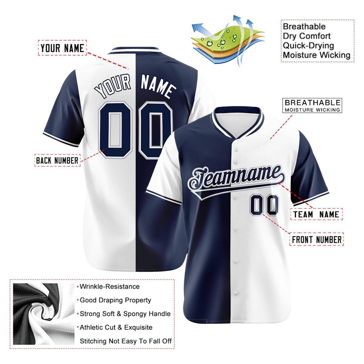 Custom Navy White Authentic Split Fashion Baseball Jersey