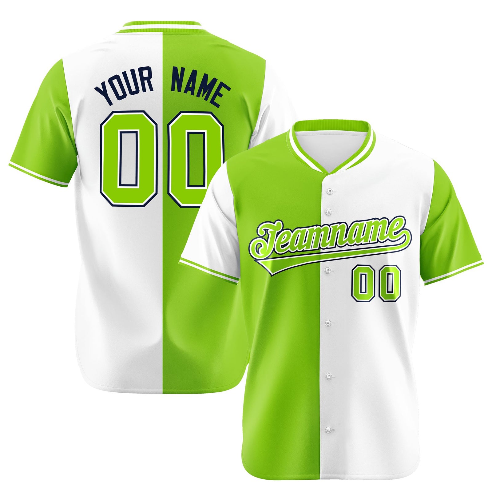 Custom Neon Green White Authentic Split Fashion Baseball Jersey