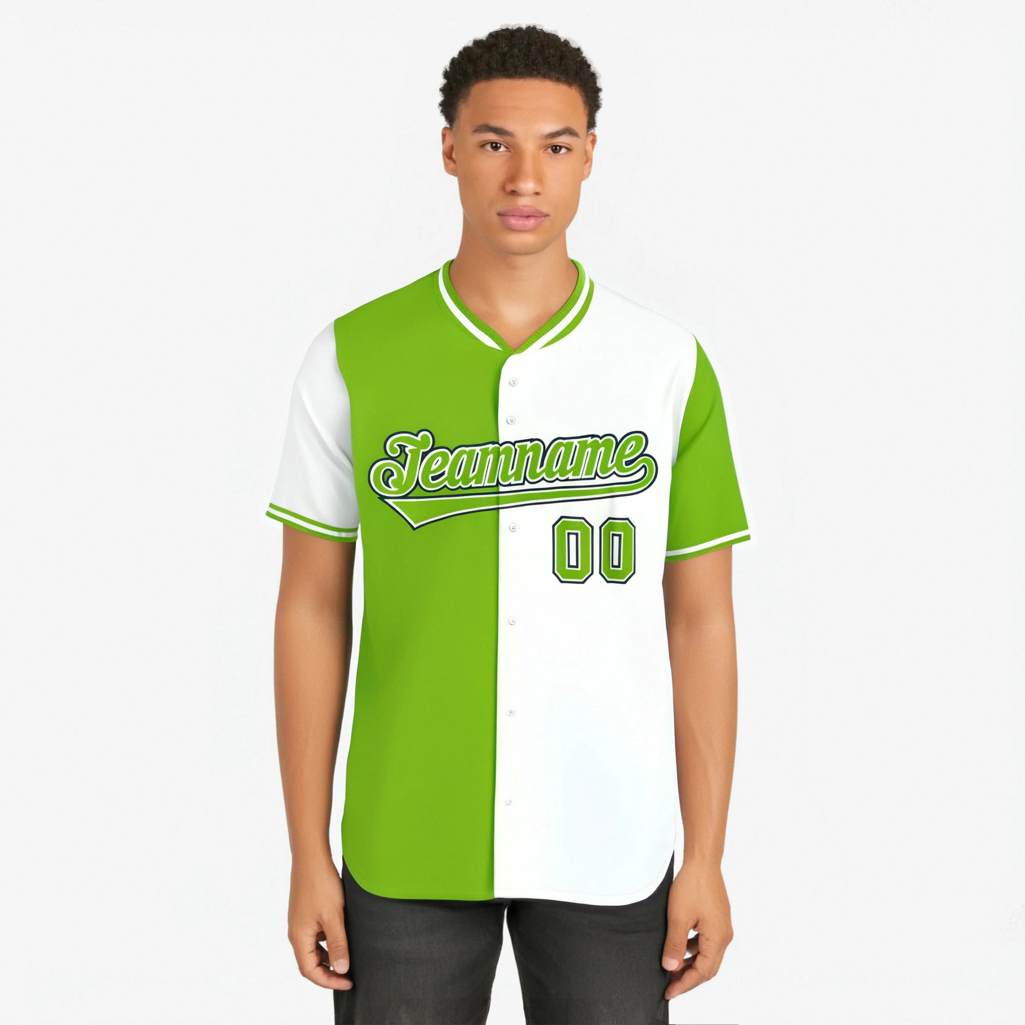 Custom Neon Green White Authentic Split Fashion Baseball Jersey