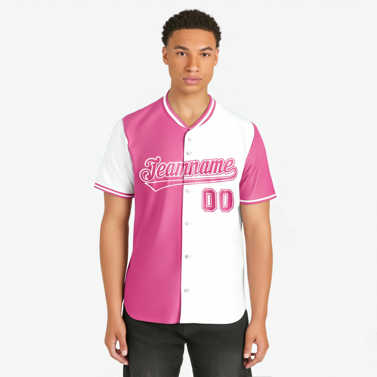 Custom Pink White Authentic Split Fashion Baseball Jersey