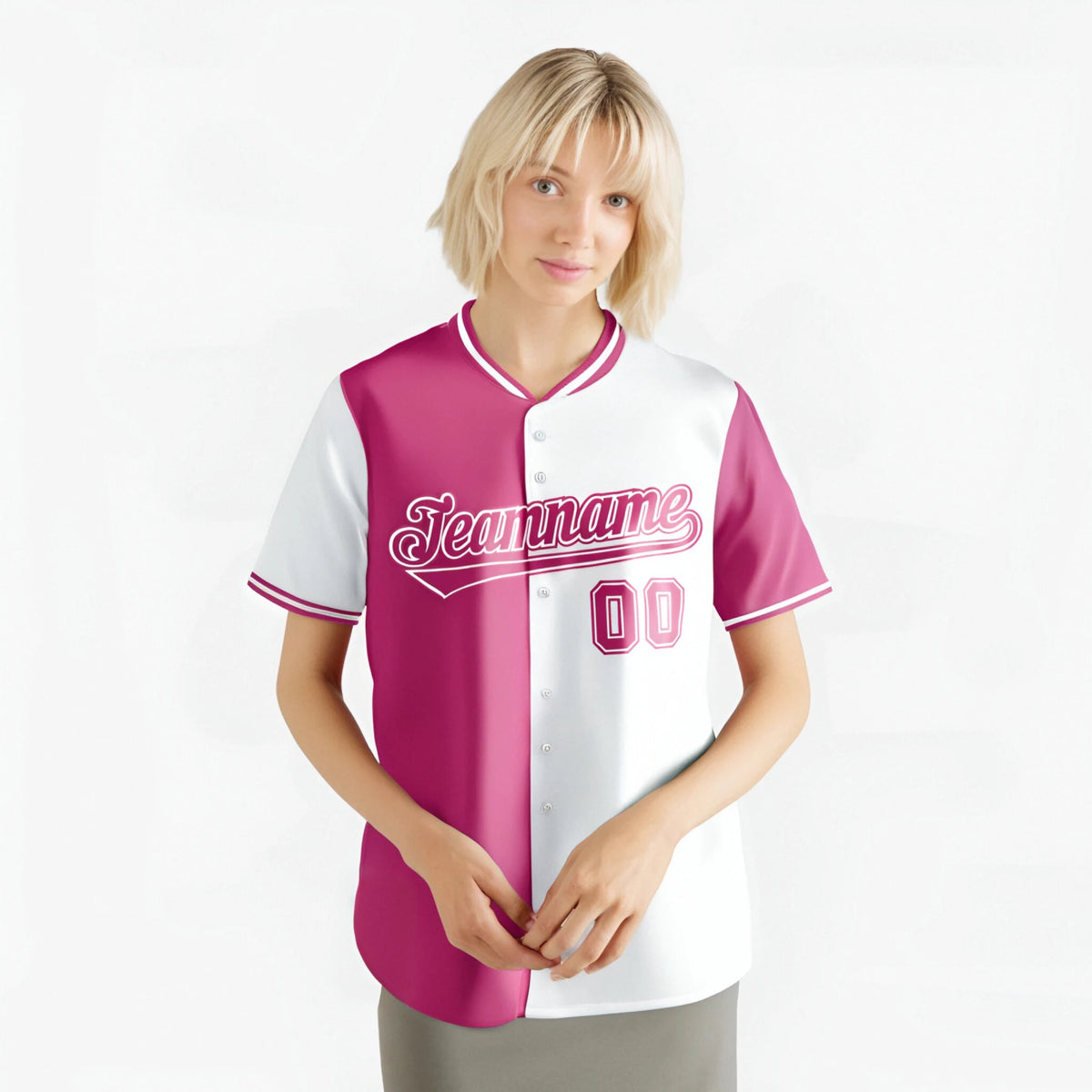 Custom Pink White Authentic Split Fashion Baseball Jersey