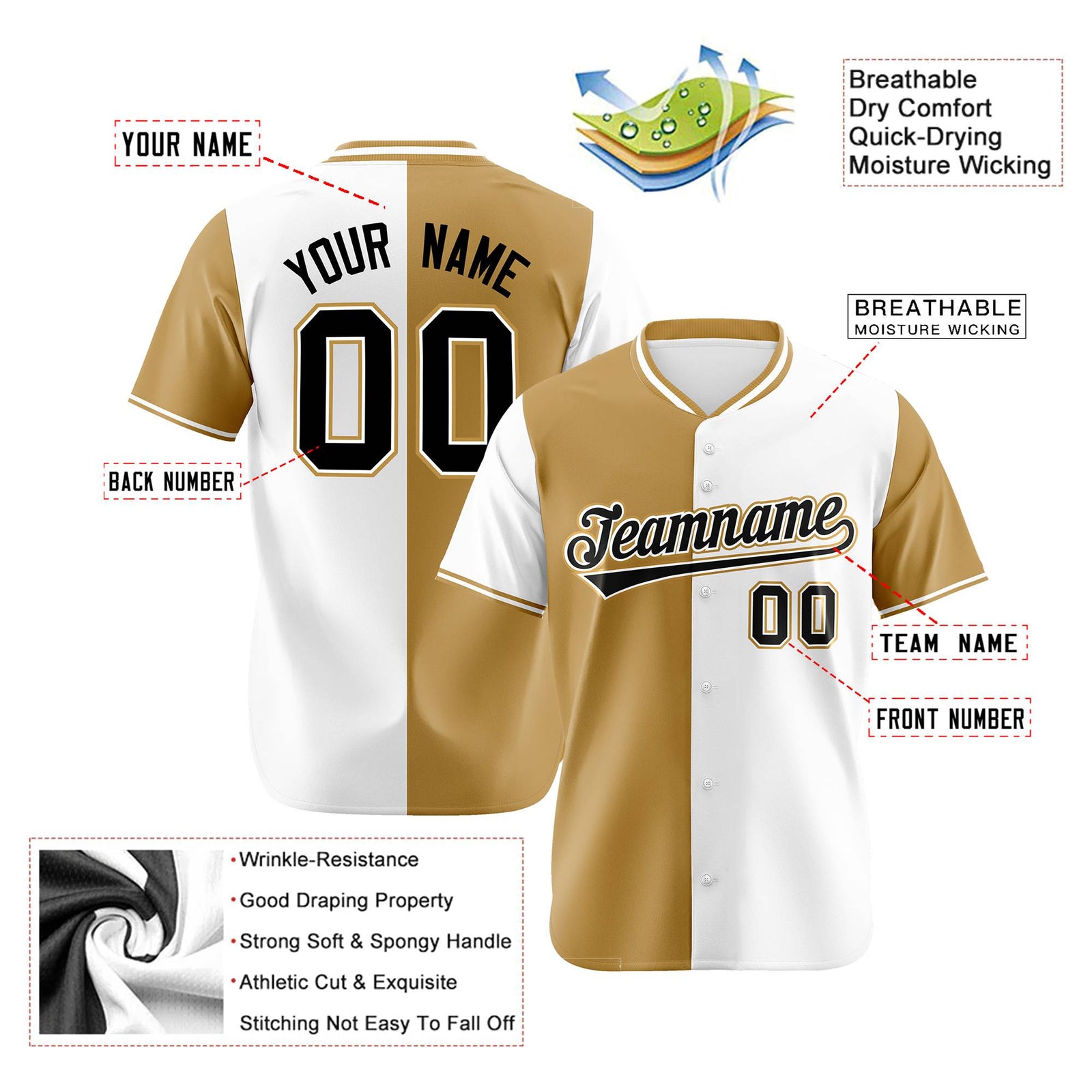 Custom Old Gold White Authentic Split Fashion Baseball Jersey