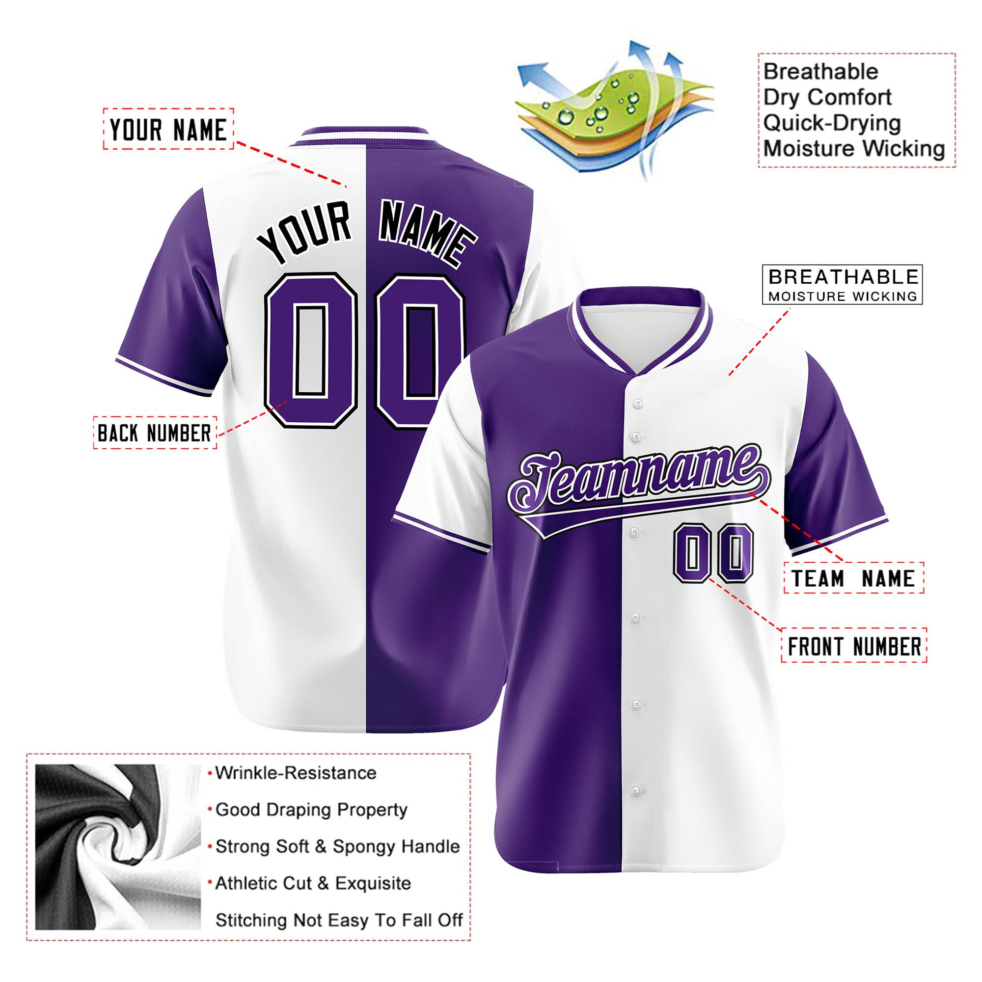 Custom Purple White Authentic Split Fashion Baseball Jersey