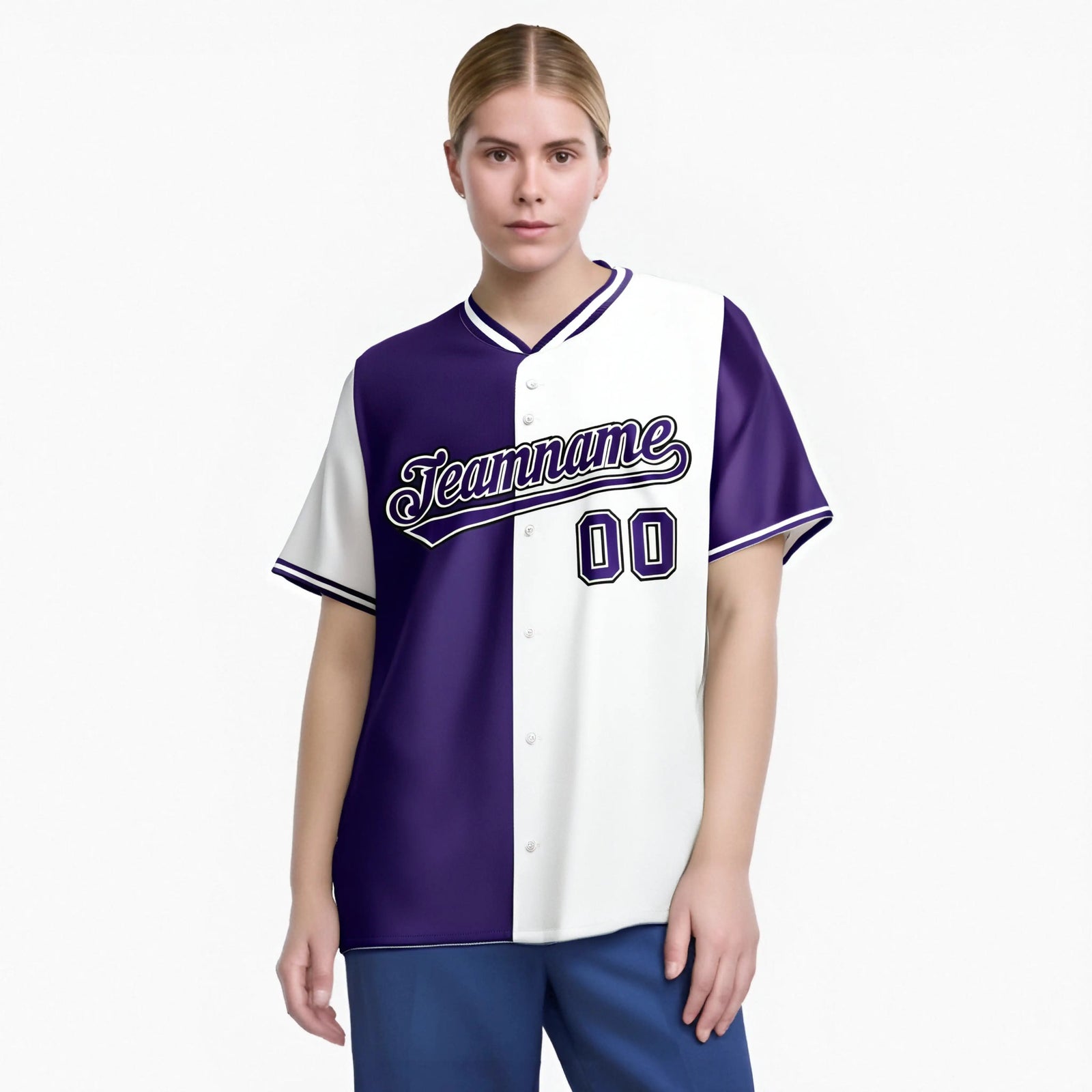Custom Purple White Authentic Split Fashion Baseball Jersey