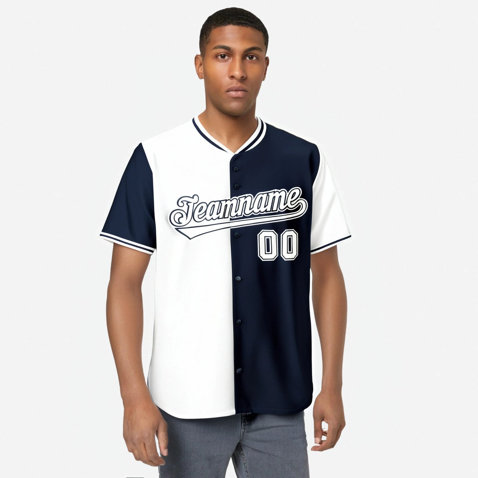 Custom White Navy Authentic Split Fashion Baseball Jersey