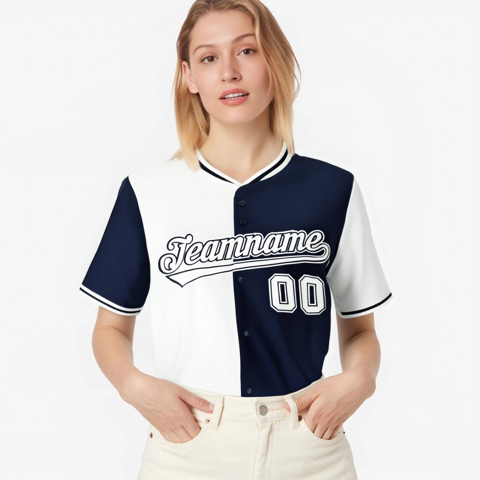 Custom White Navy Authentic Split Fashion Baseball Jersey