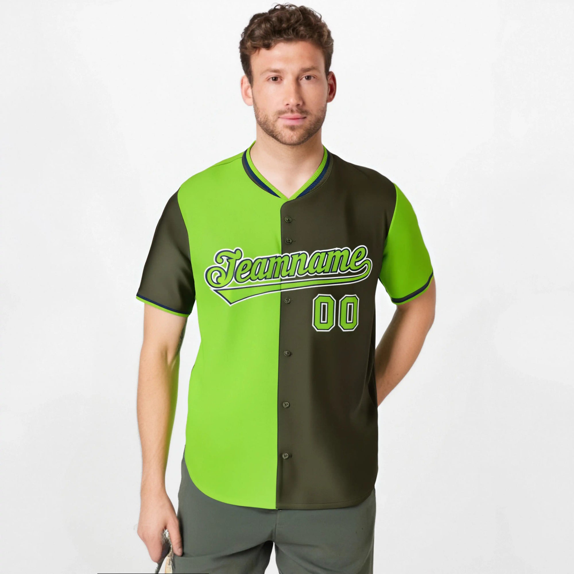 Custom Neon Green Olive Authentic Split Fashion Baseball Jersey