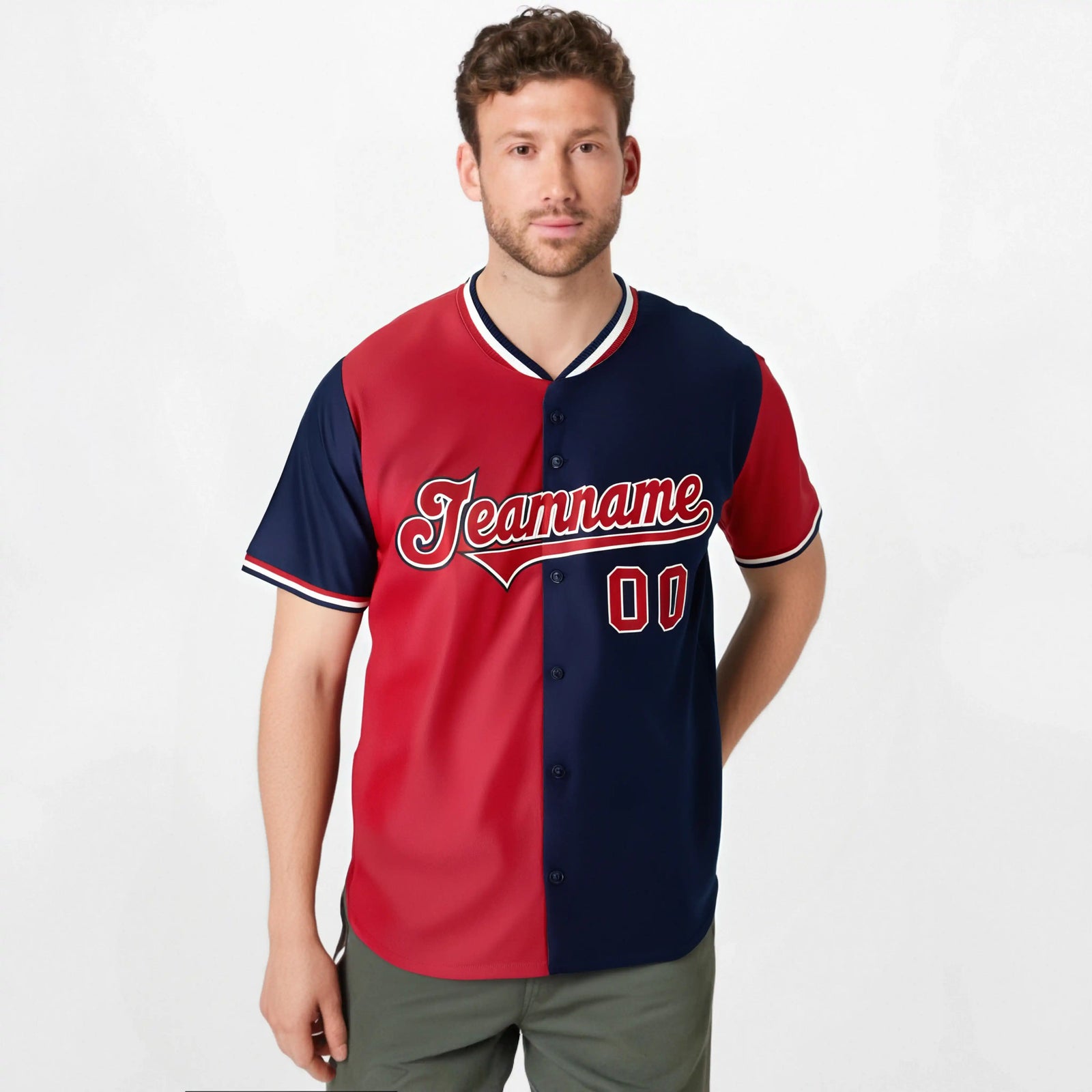 Custom Red Navy Authentic Split Fashion Baseball Jersey