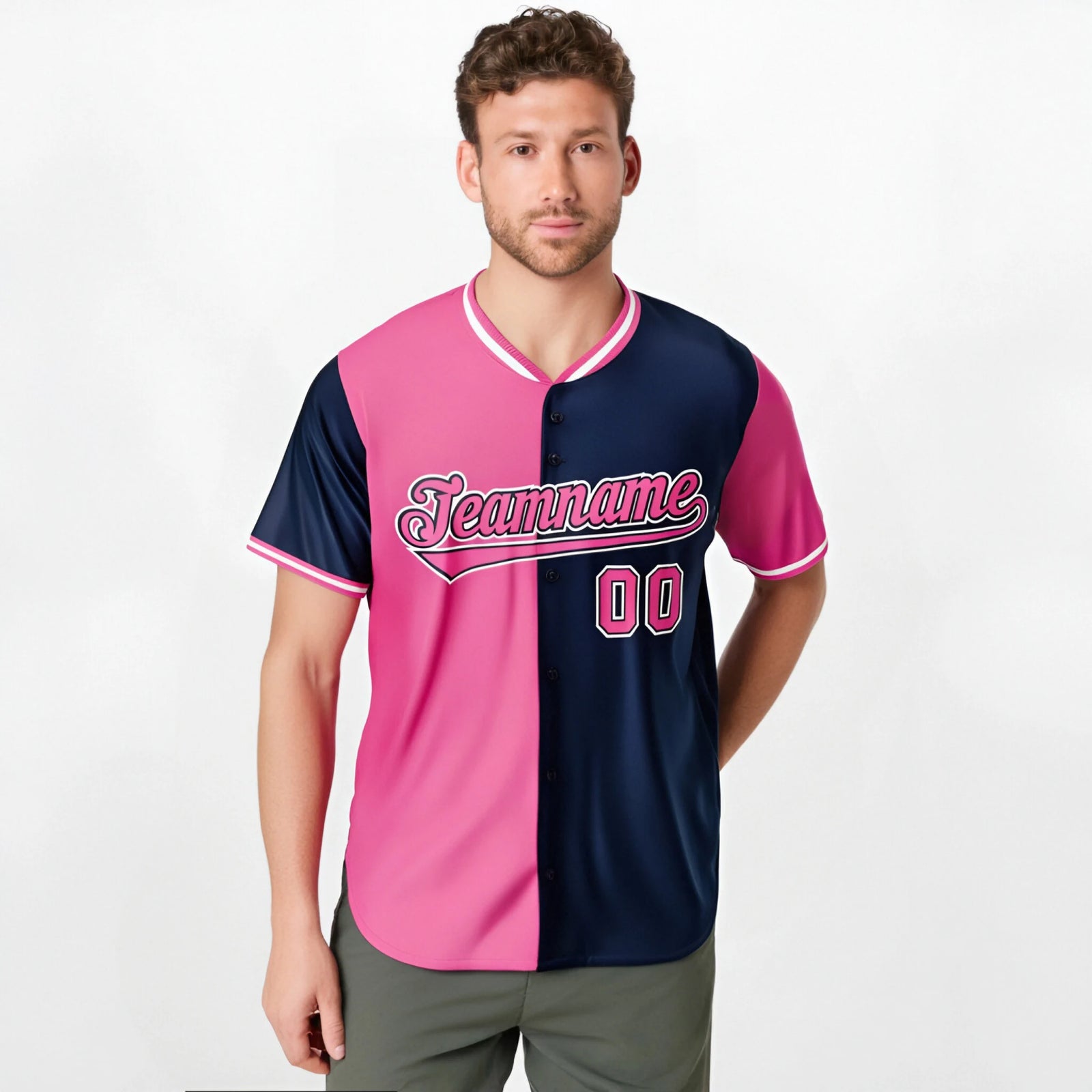 Custom Pink Navy Authentic Split Fashion Baseball Jersey