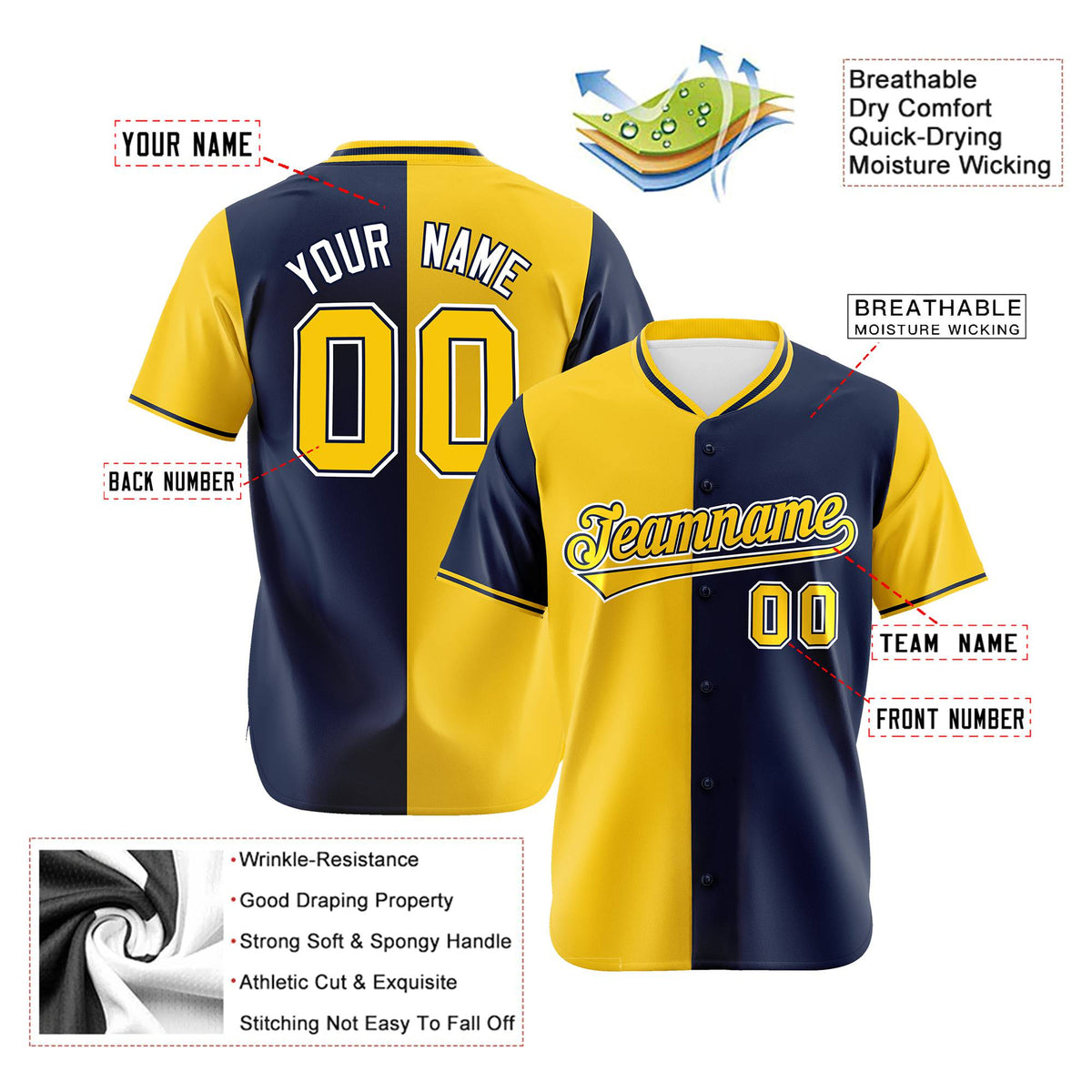 Custom Gold Navy Authentic Split Fashion Baseball Jersey