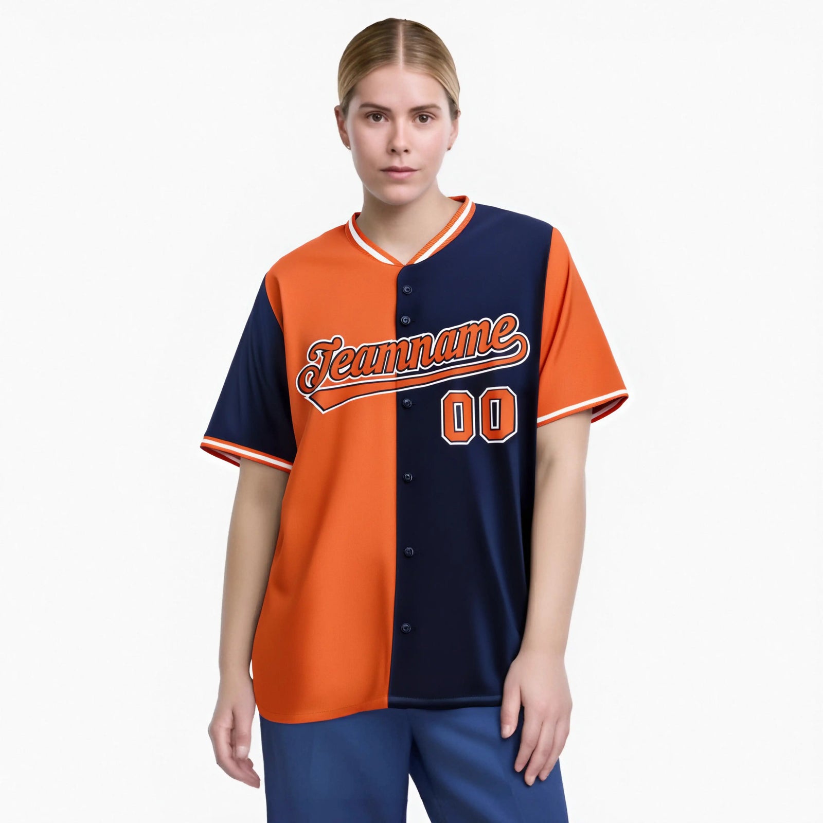 Custom Orange Navy Authentic Split Fashion Baseball Jersey