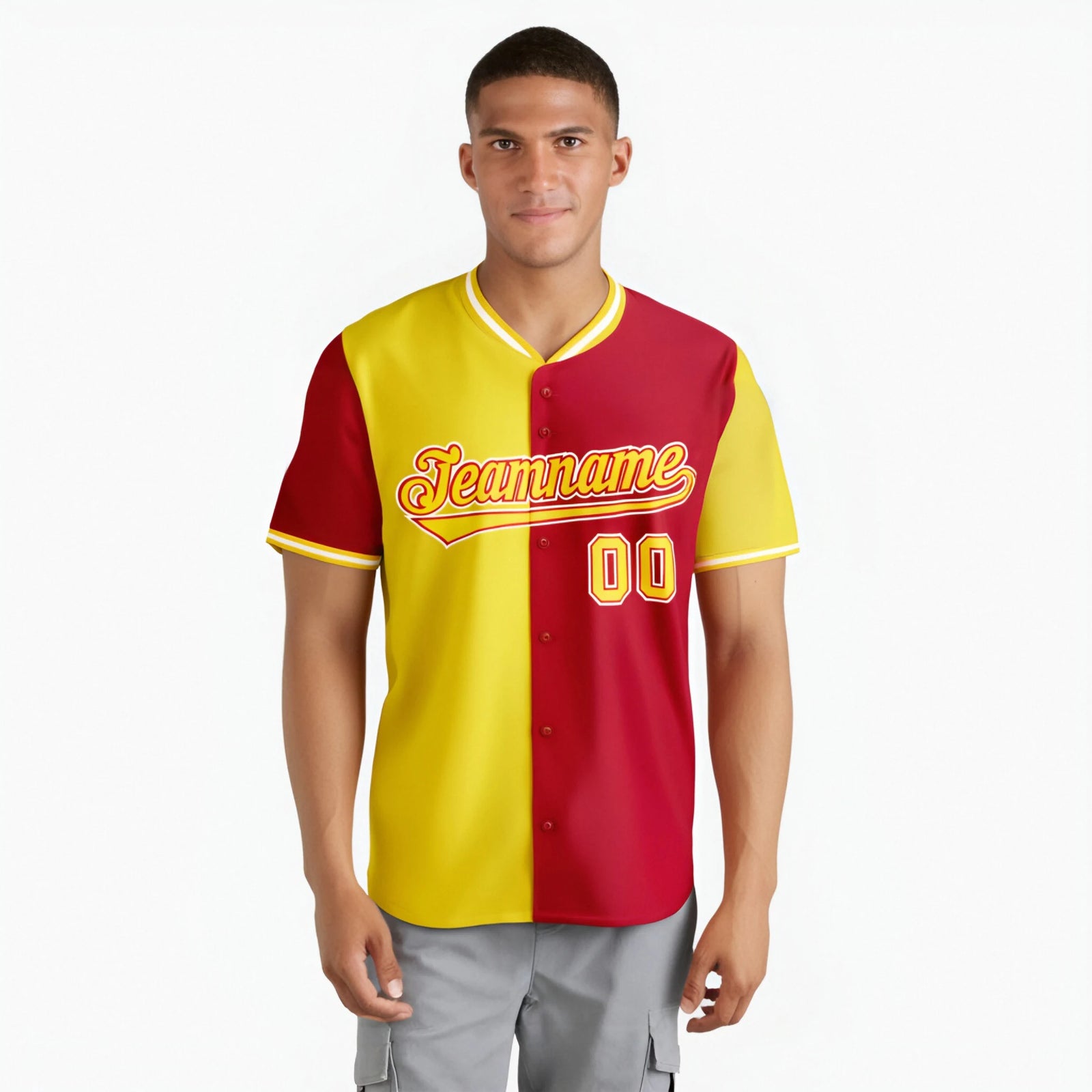 Custom Yellow Red Authentic Split Fashion Baseball Jersey