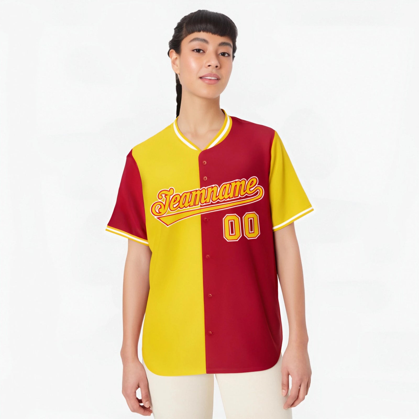 Custom Yellow Red Authentic Split Fashion Baseball Jersey