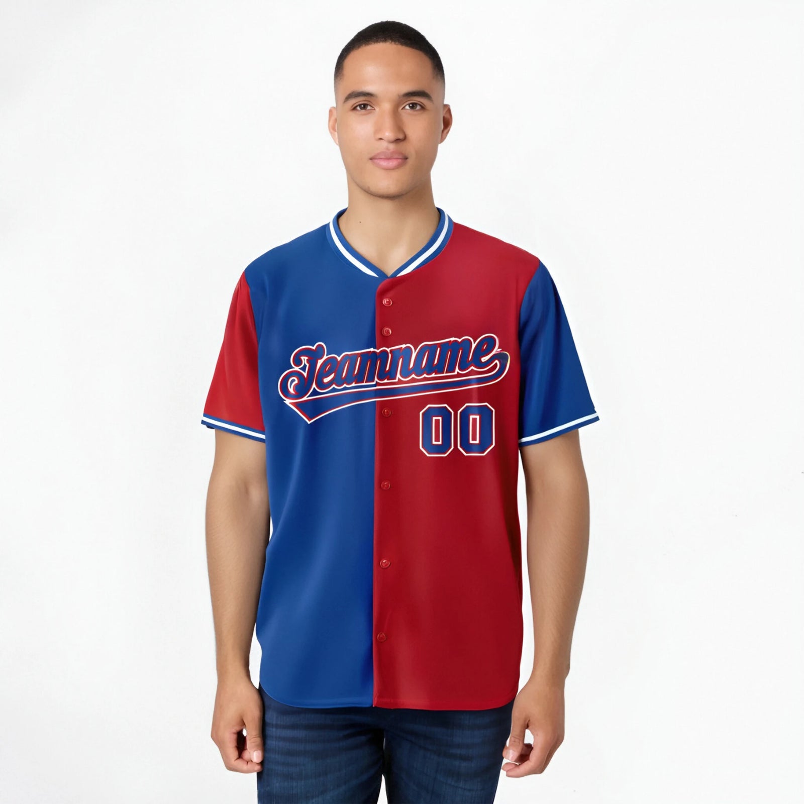 Custom Royal Blue Red Authentic Split Fashion Baseball Jersey