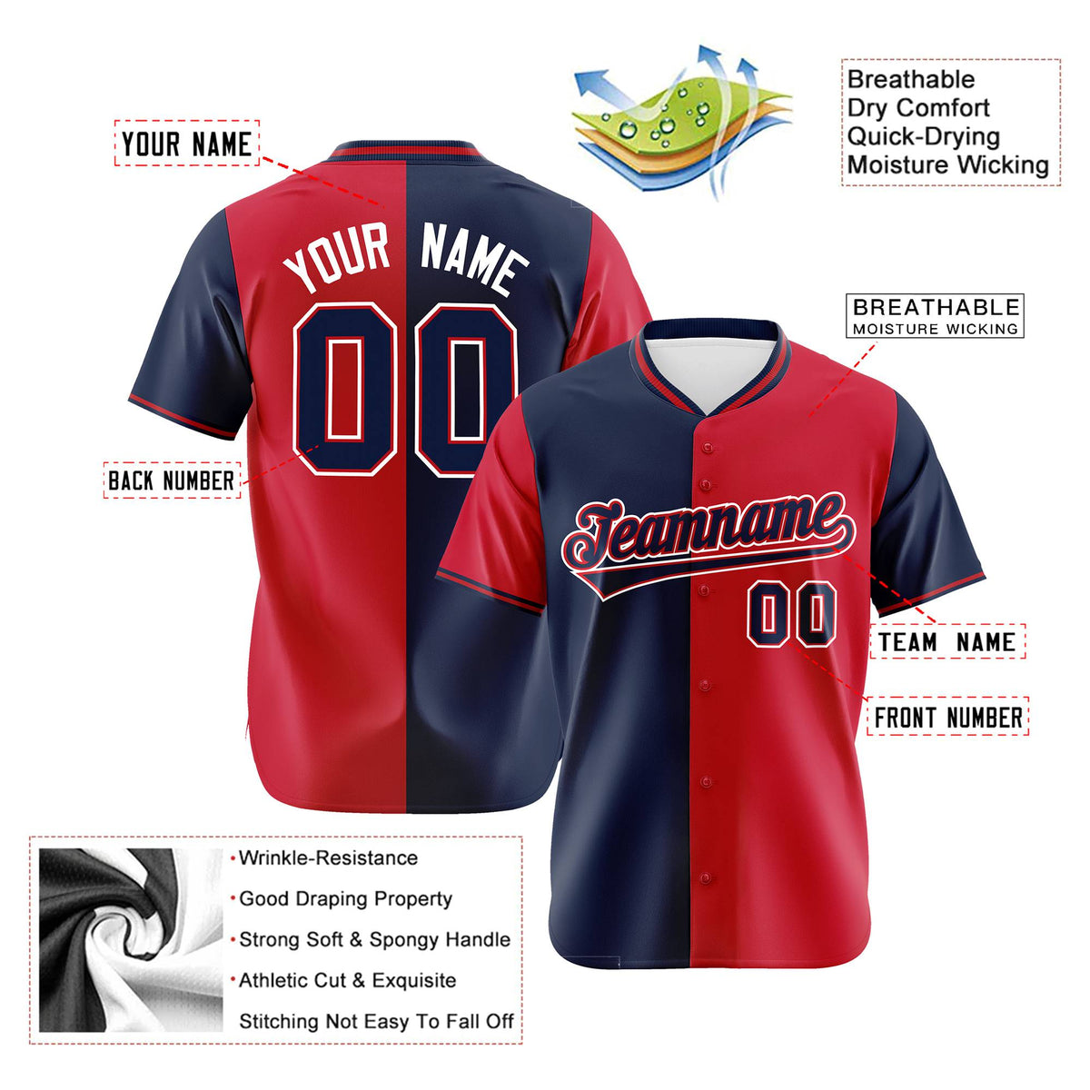 Custom Navy Red Authentic Split Fashion Baseball Jersey