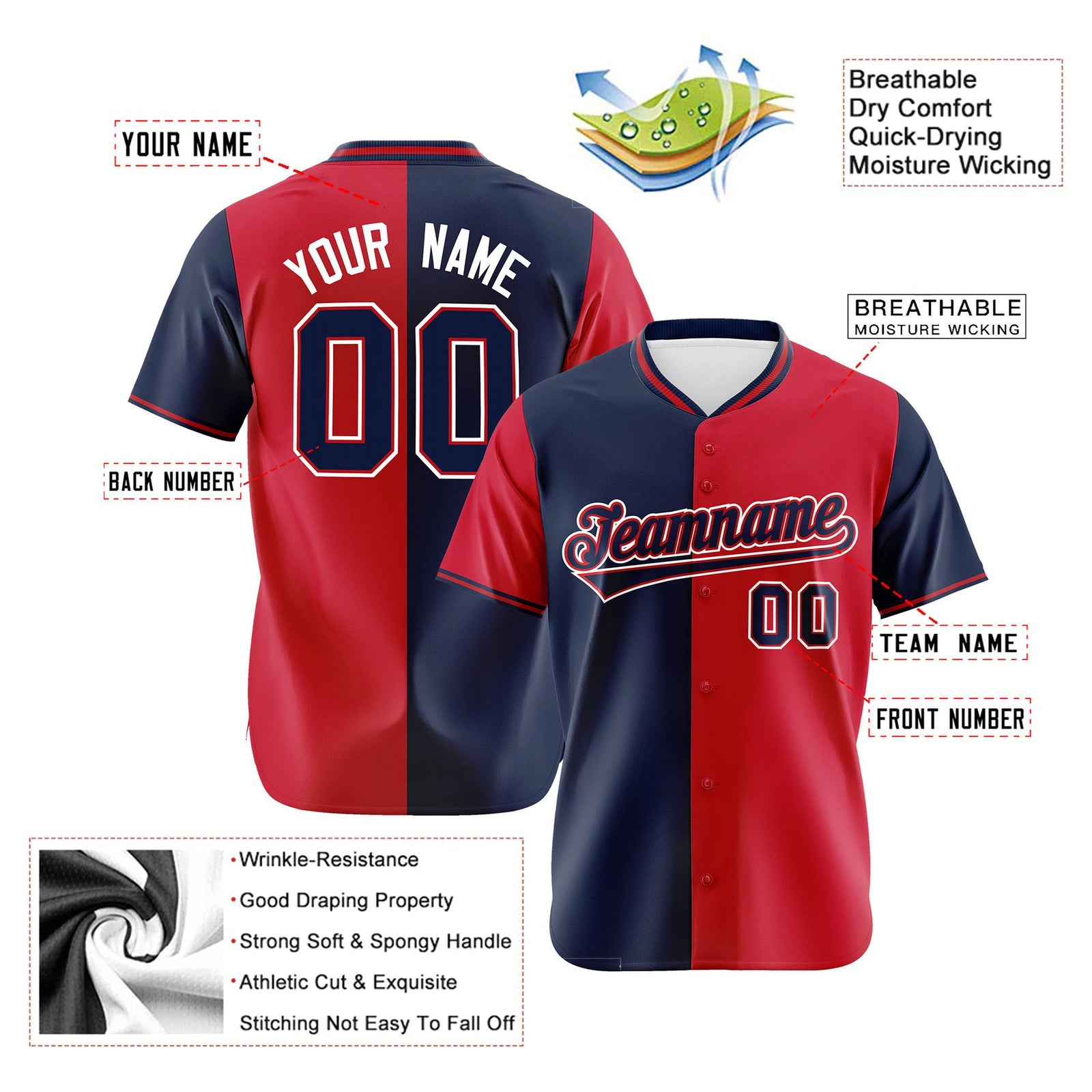 Custom Navy Red Authentic Split Fashion Baseball Jersey