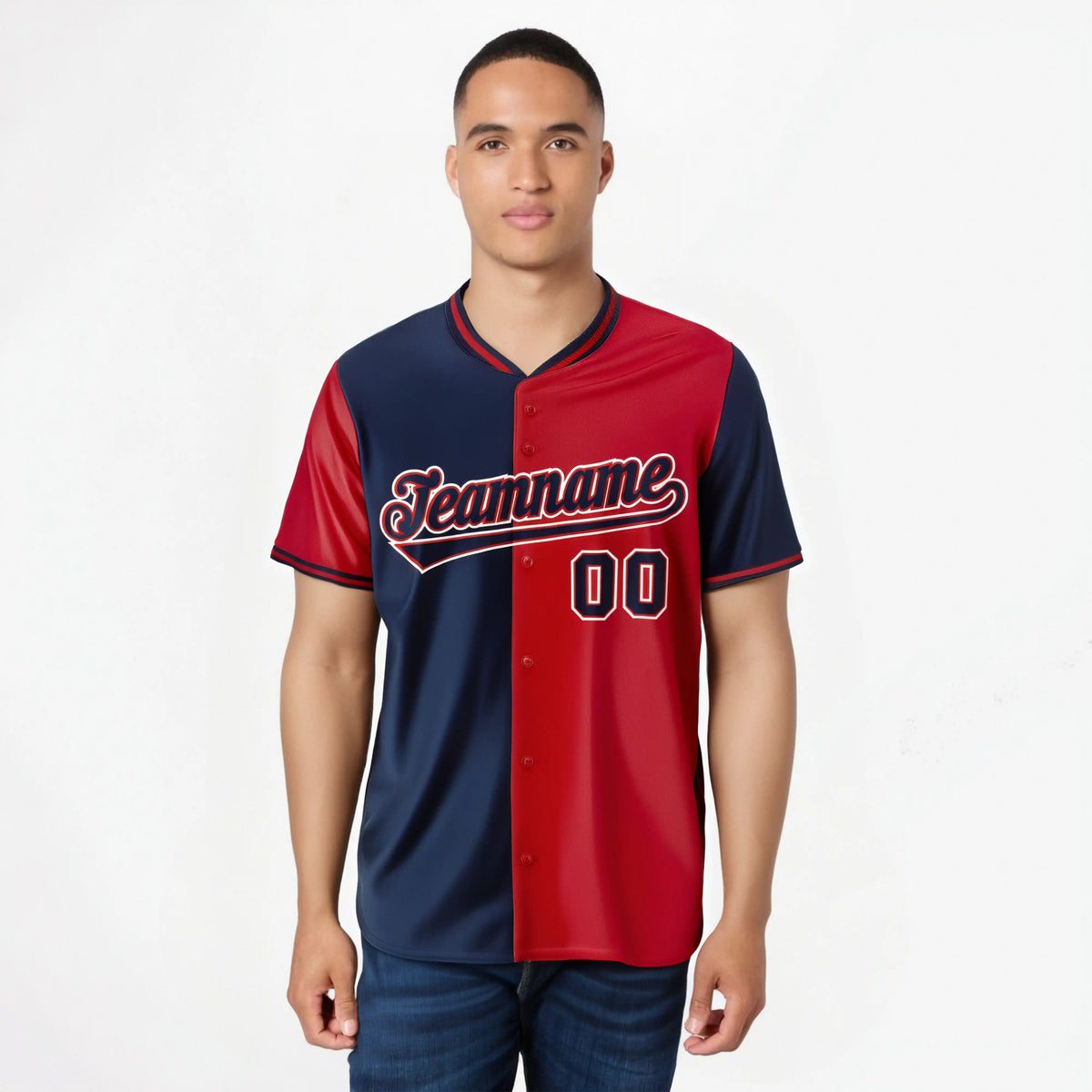Custom Navy Red Authentic Split Fashion Baseball Jersey