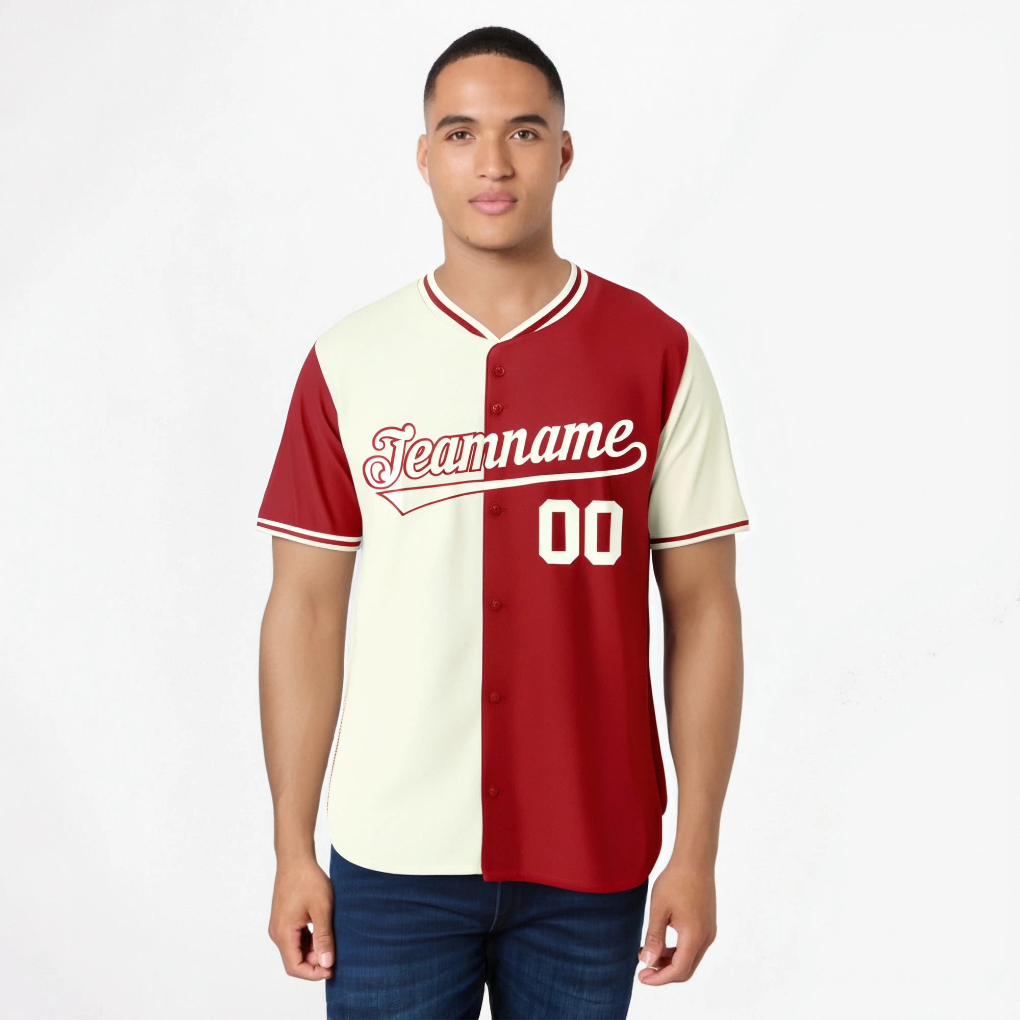 Custom Cream Red Authentic Split Fashion Baseball Jersey