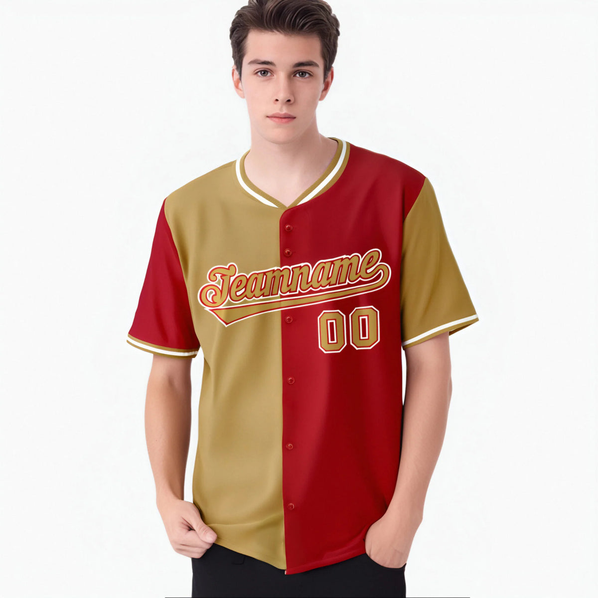 Custom Old Gold Red Authentic Split Fashion Baseball Jersey