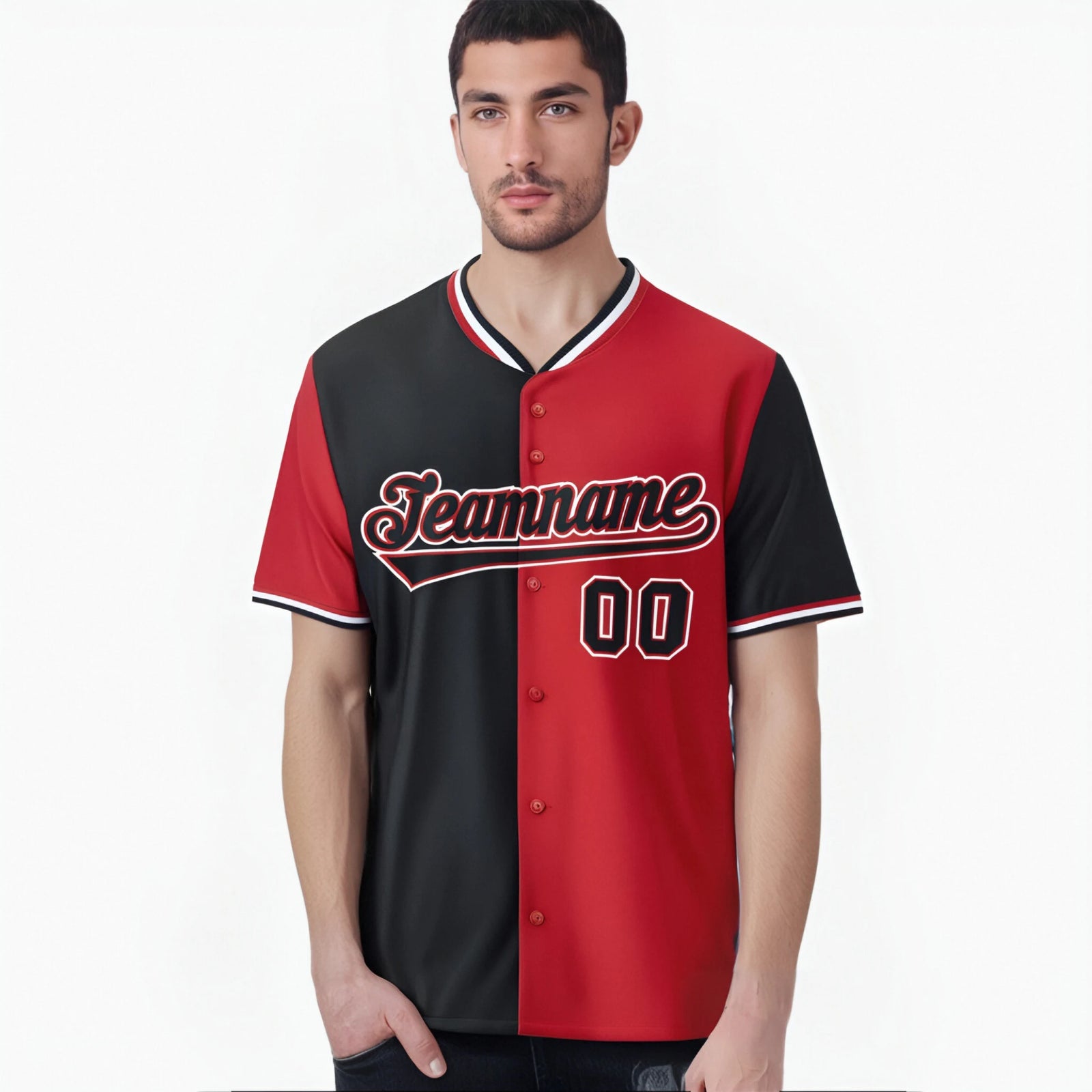 Custom Black Red Authentic Split Fashion Baseball Jersey