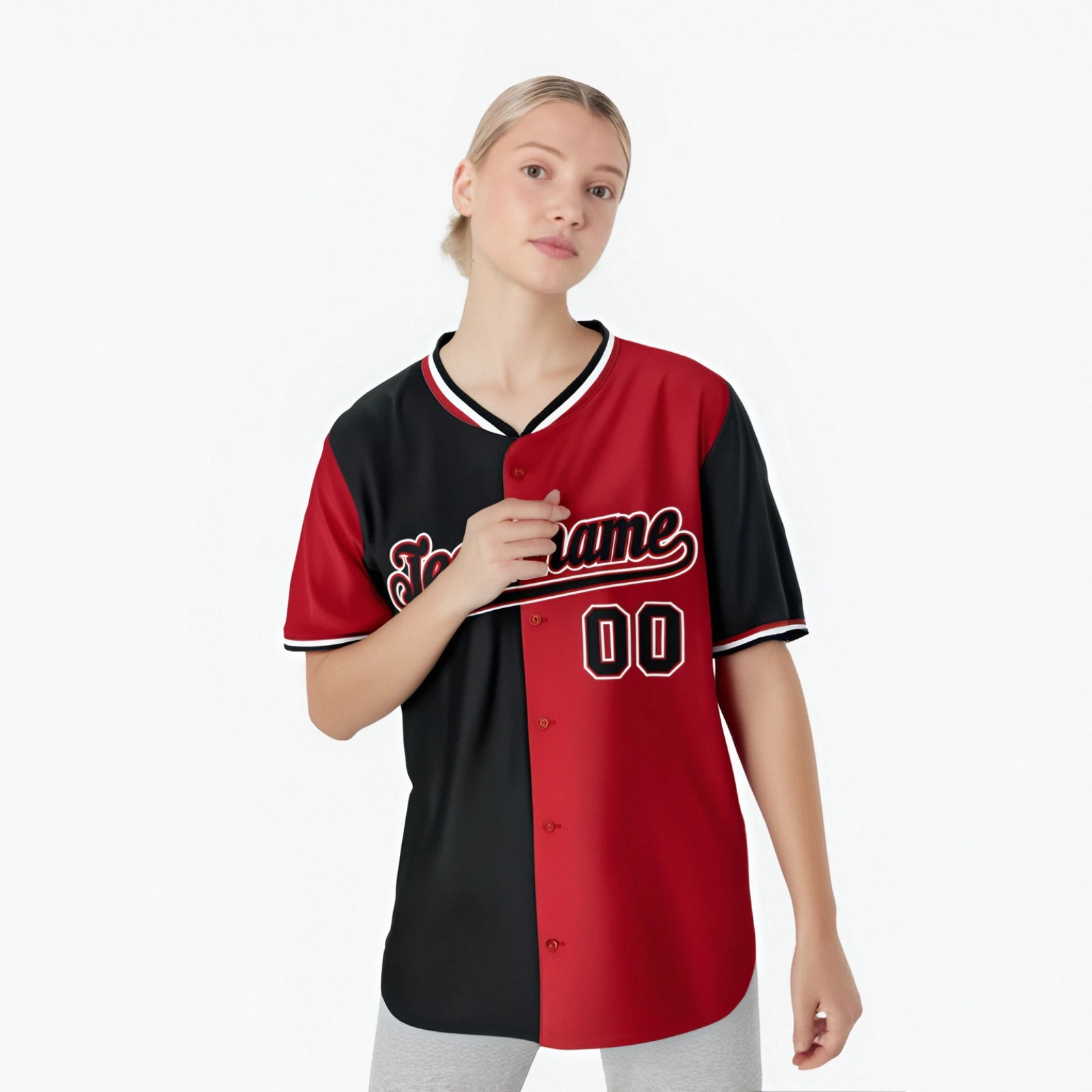 Custom Black Red Authentic Split Fashion Baseball Jersey