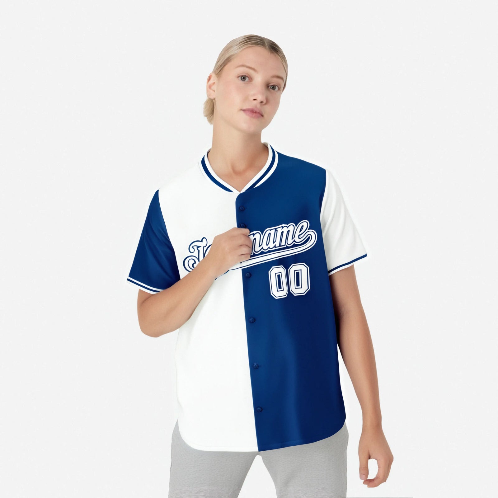 Custom White Royal Blue Authentic Split Fashion Baseball Jersey