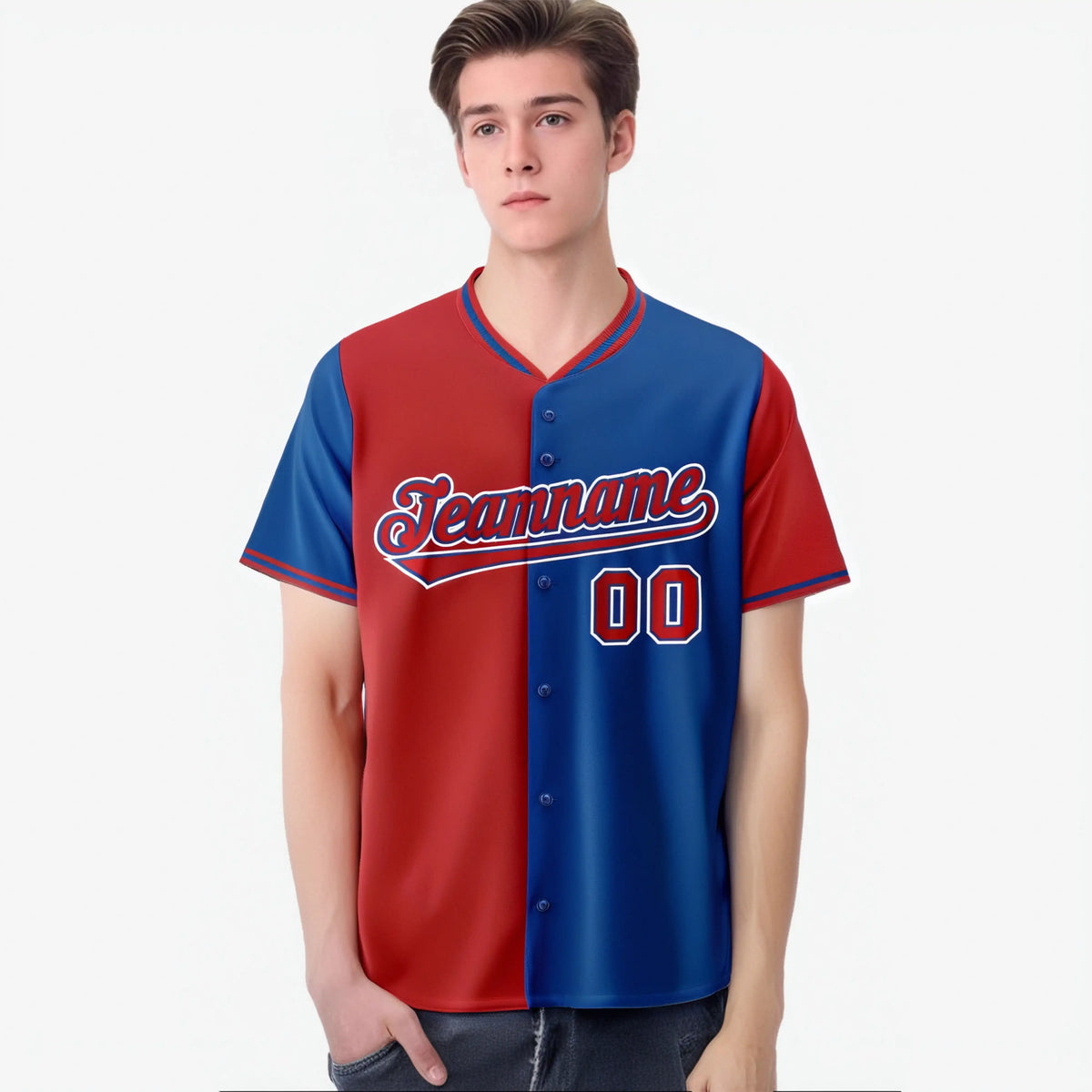 Custom Red Royal Blue Authentic Split Fashion Baseball Jersey