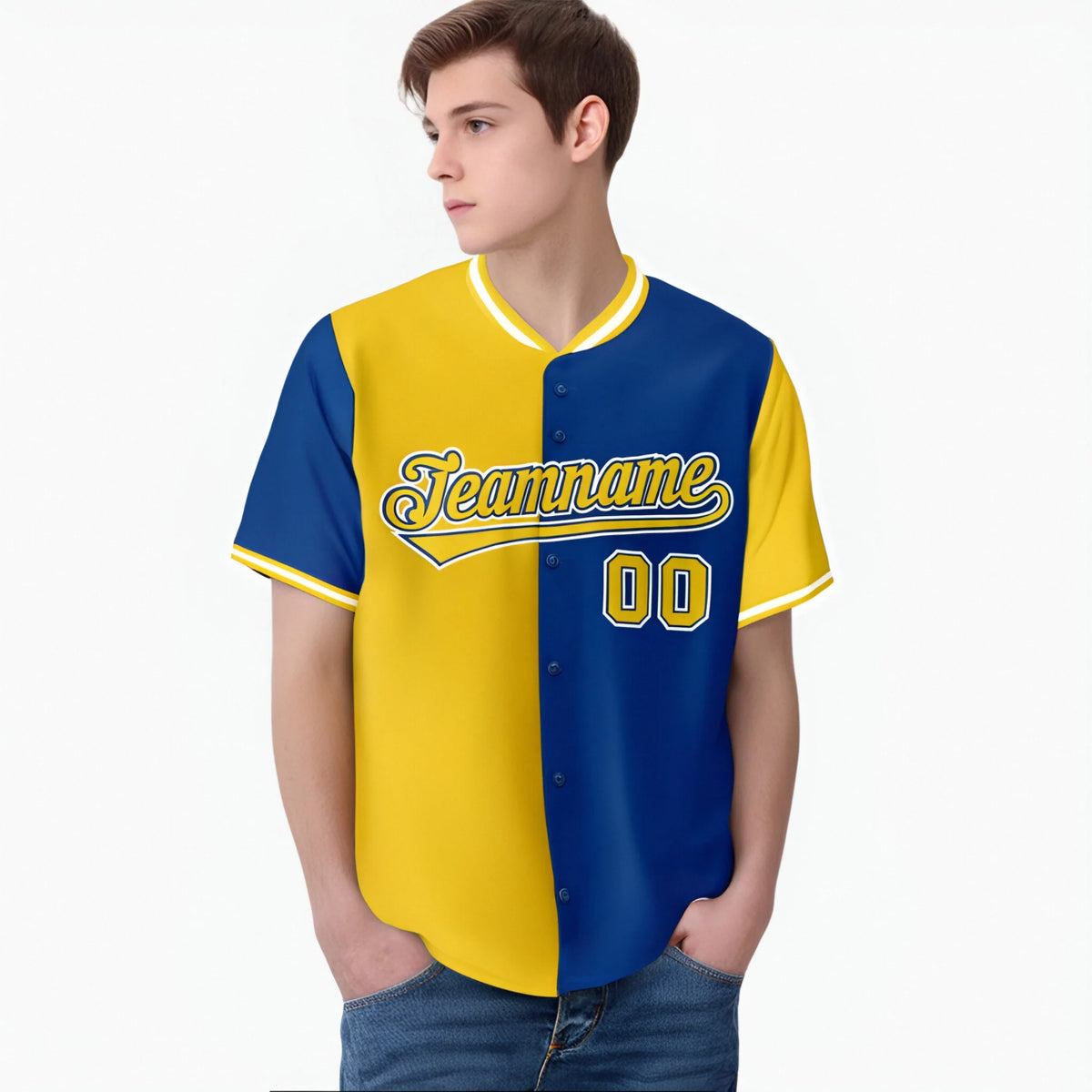 Custom Yellow Royal Blue Authentic Split Fashion Baseball Jersey