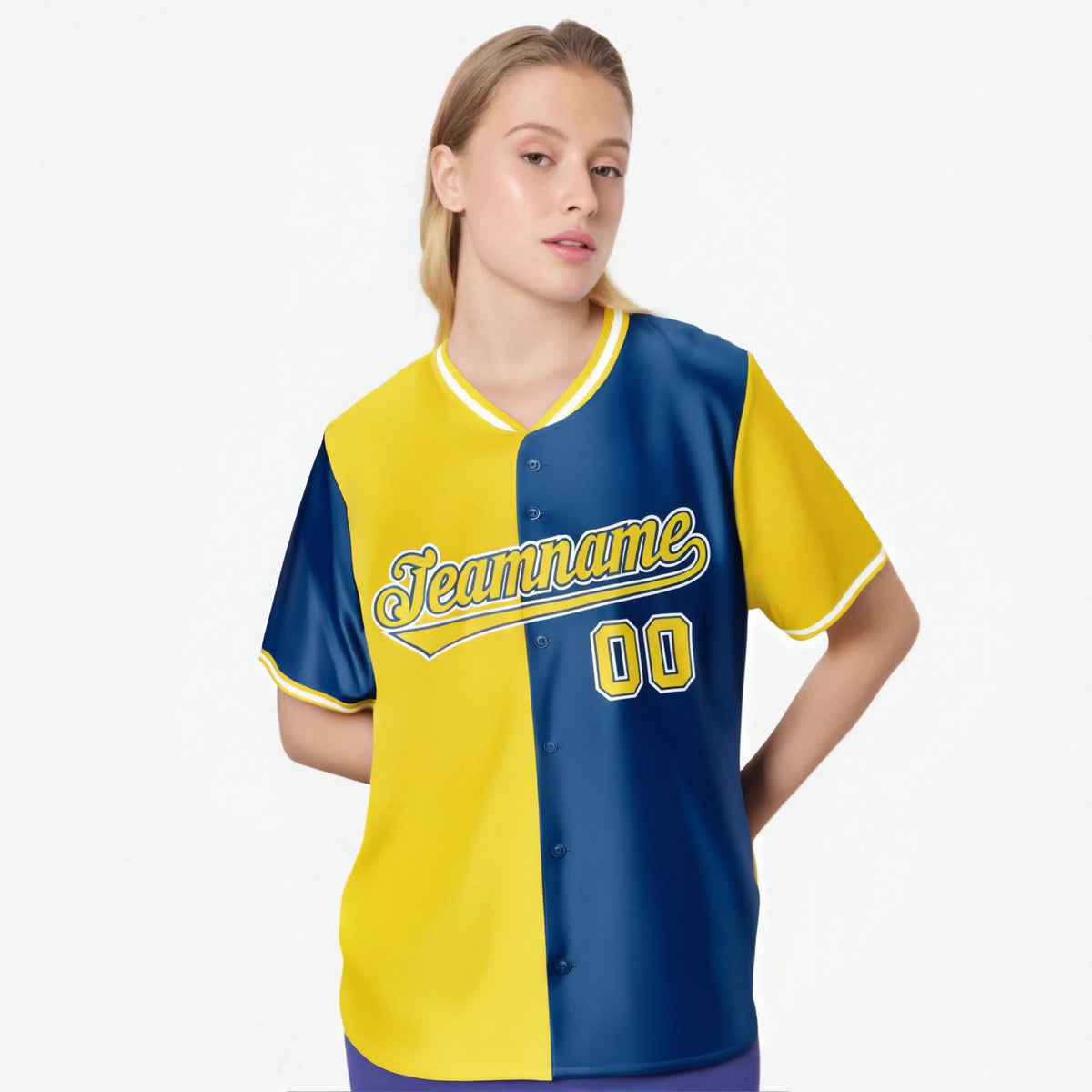 Custom Yellow Royal Blue Authentic Split Fashion Baseball Jersey
