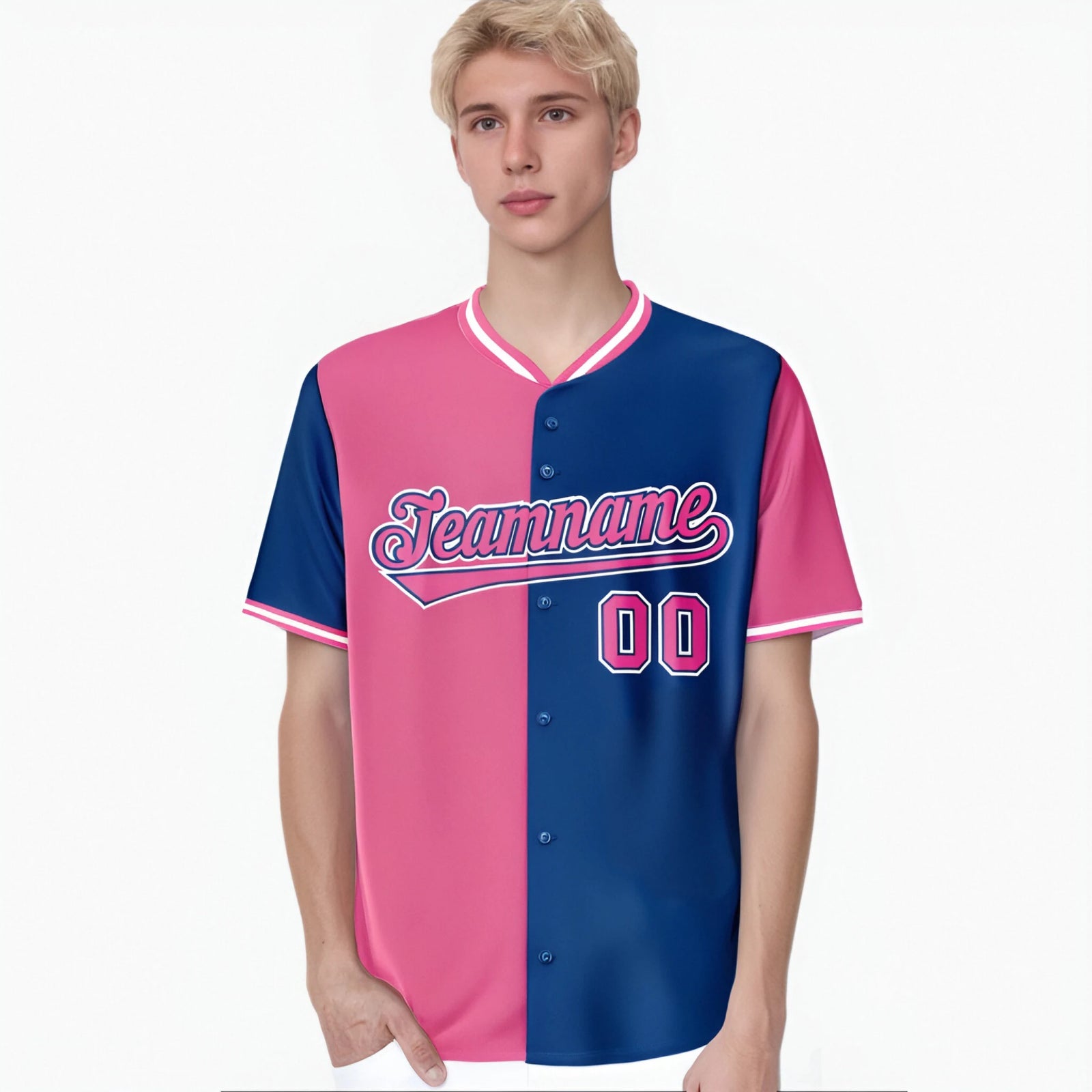 Custom Pink Royal Blue Authentic Split Fashion Baseball Jersey