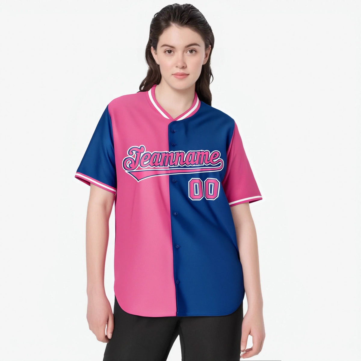 Custom Pink Royal Blue Authentic Split Fashion Baseball Jersey