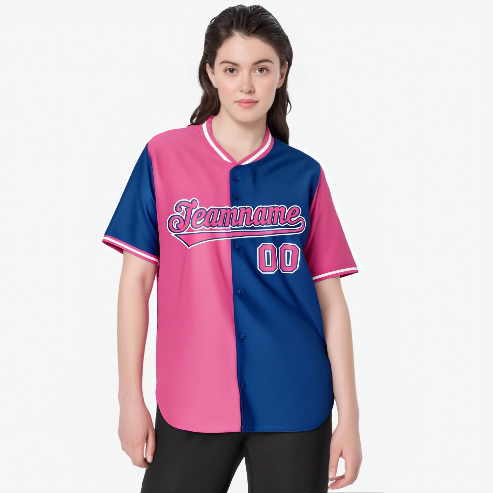 Custom Pink Royal Blue Authentic Split Fashion Baseball Jersey