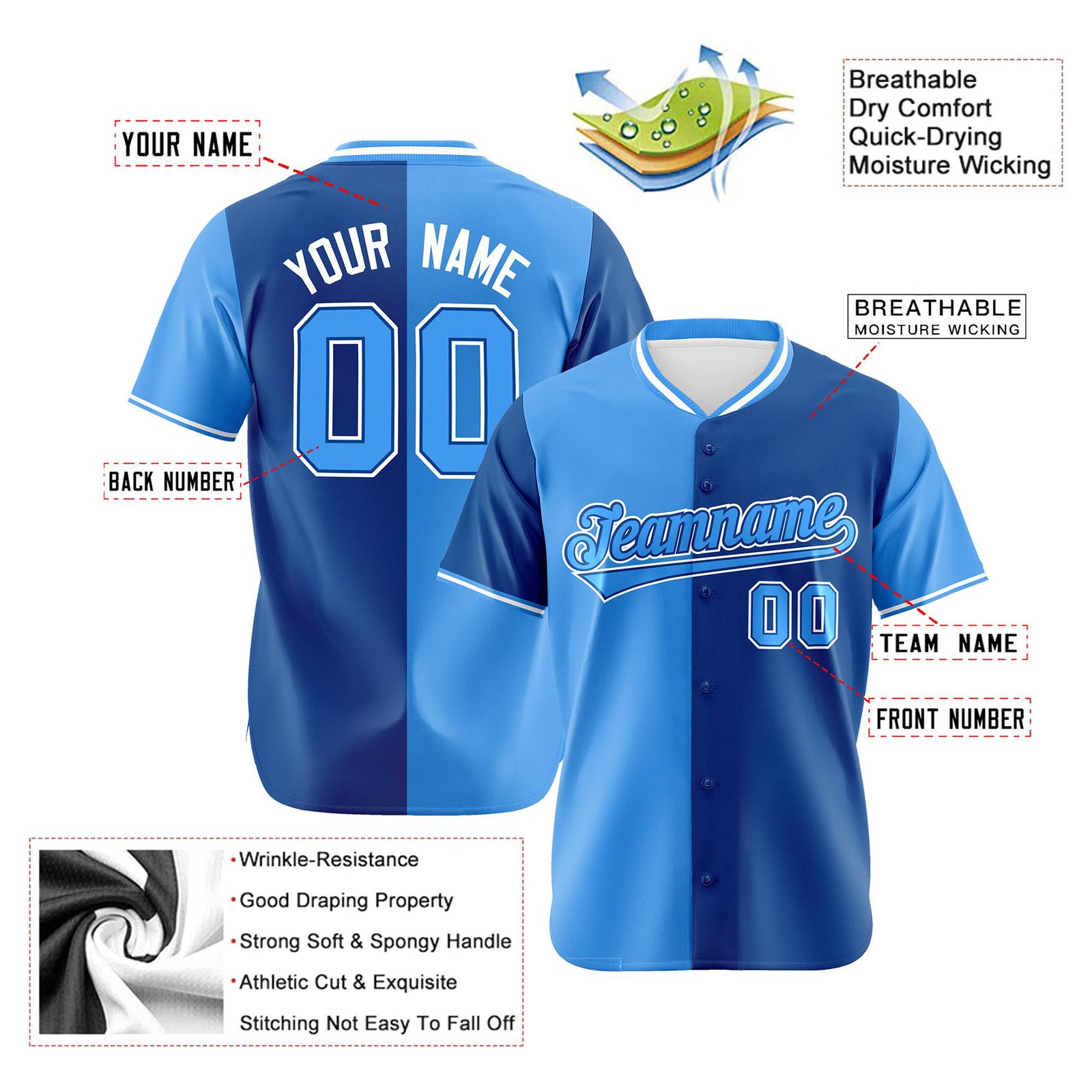 Custom Powder Blue-Royal Blue Authentic Split Fashion Baseball Jersey