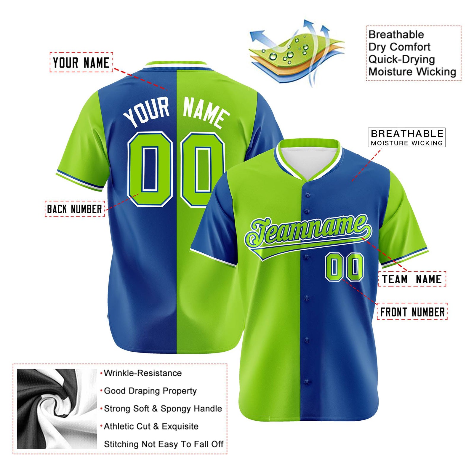 Custom Neon Green-Royal Blue Authentic Split Fashion Baseball Jersey