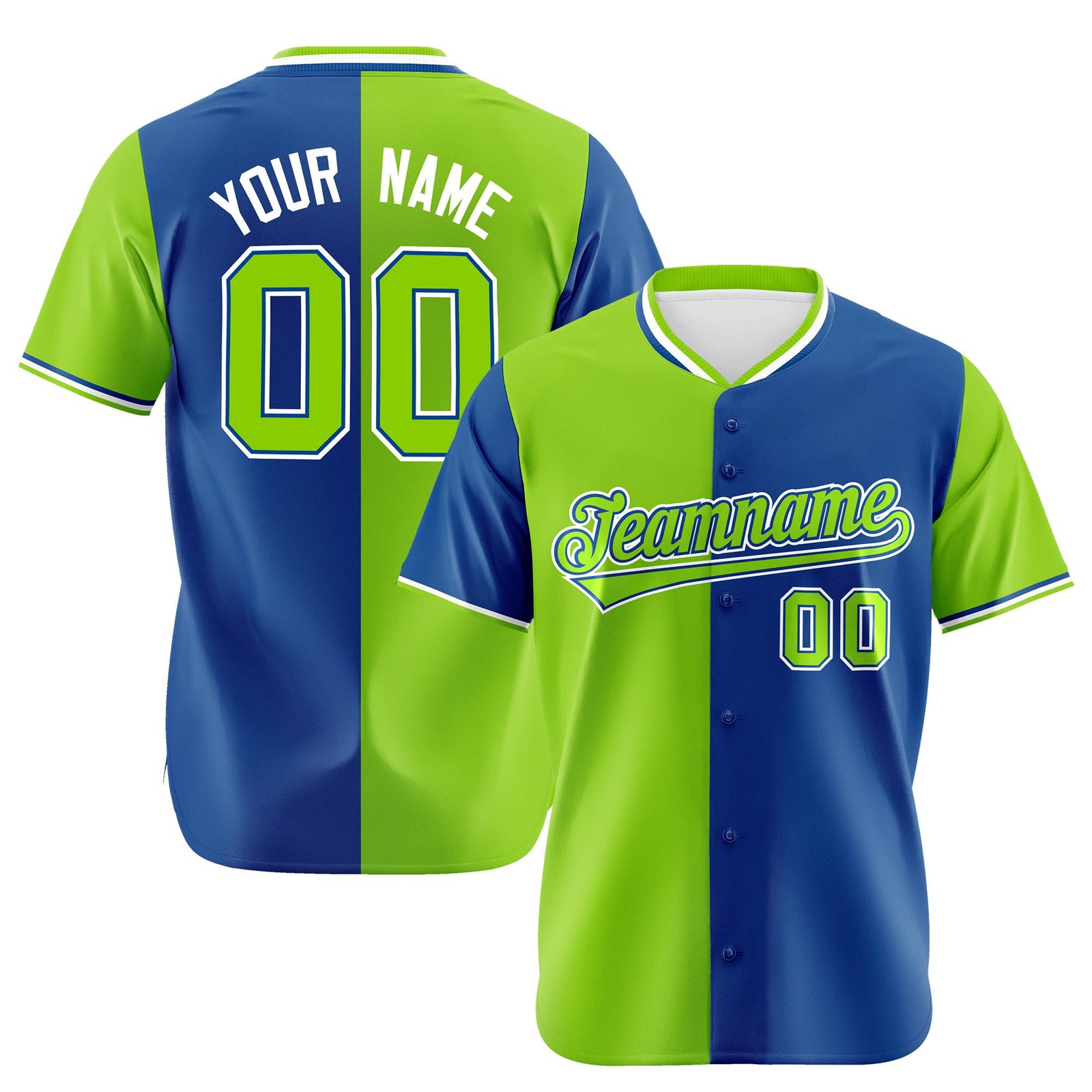 Custom Neon Green-Royal Blue Authentic Split Fashion Baseball Jersey